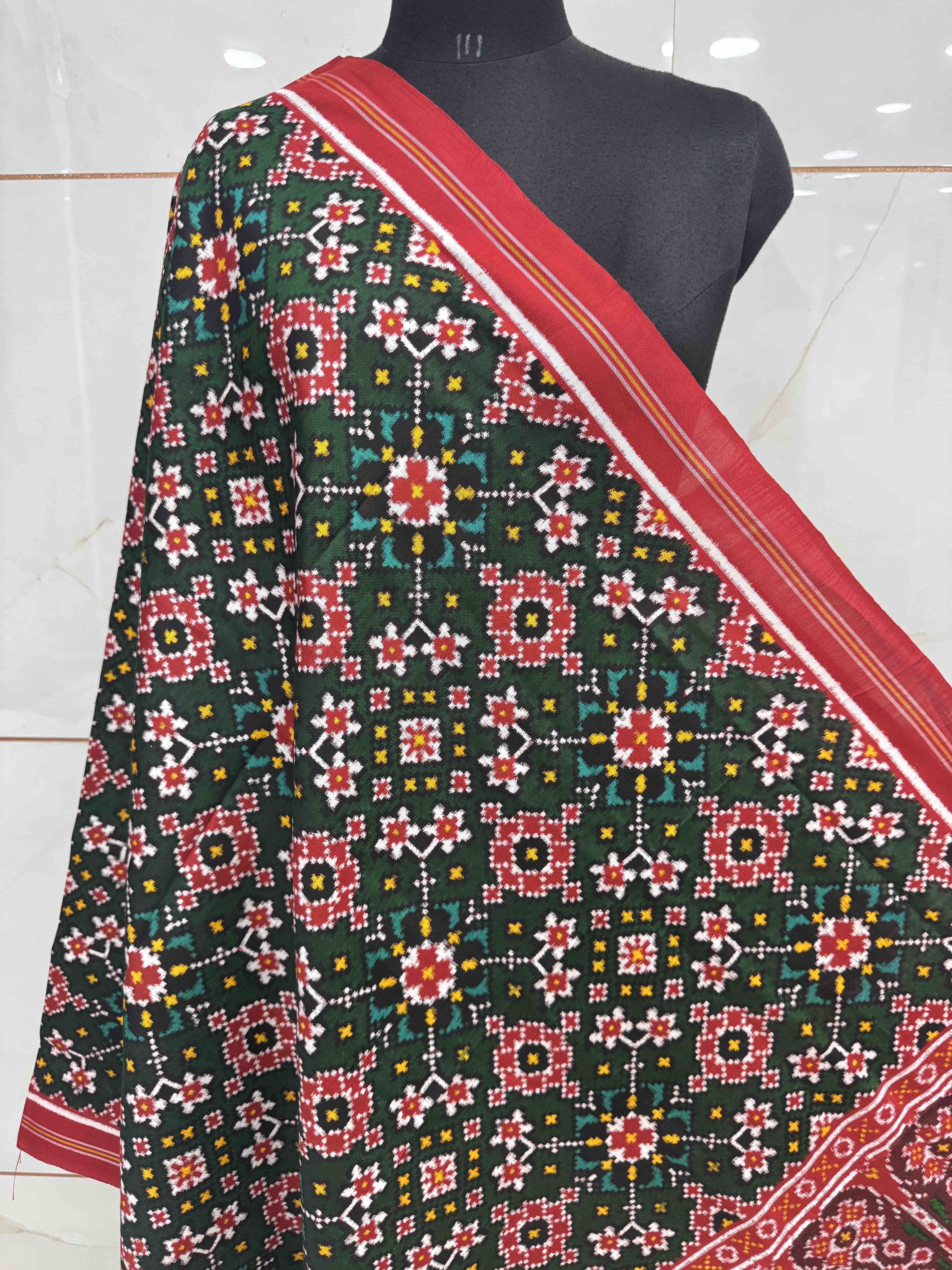 Red & Green Navratan Double Ikat Dupatta