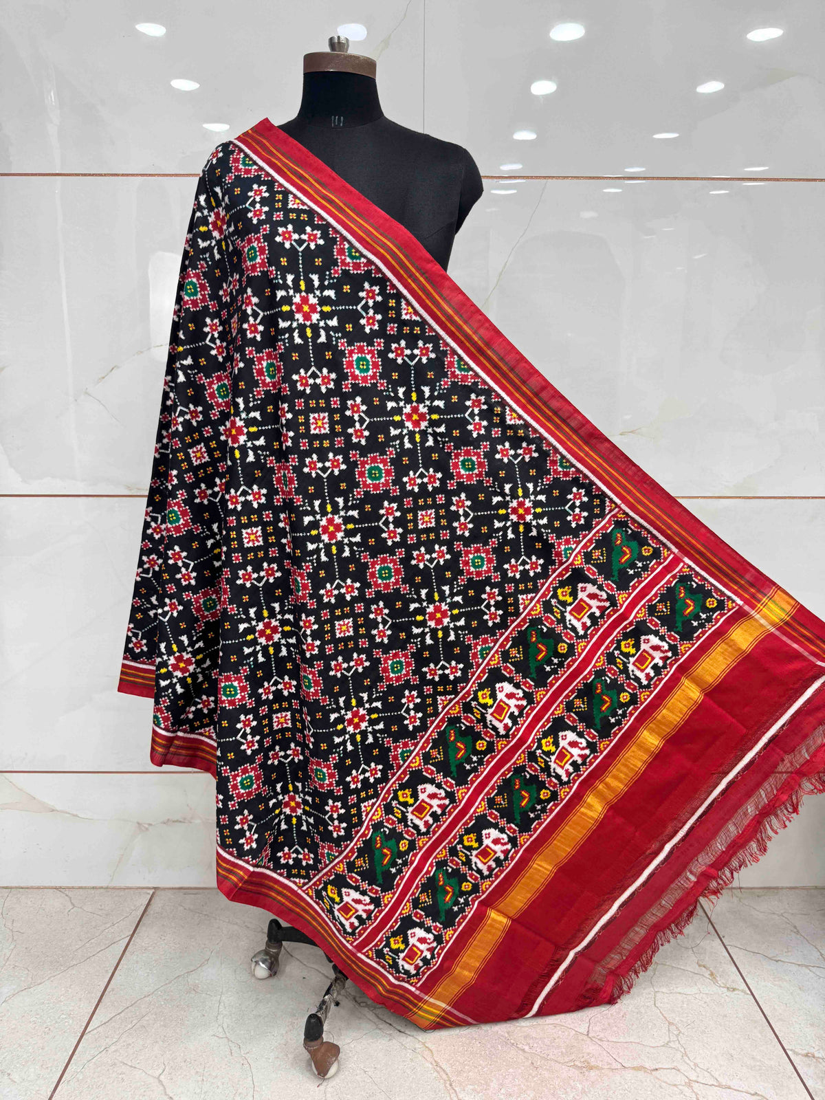 Red & Black Navratan Double Ikat Dupatta