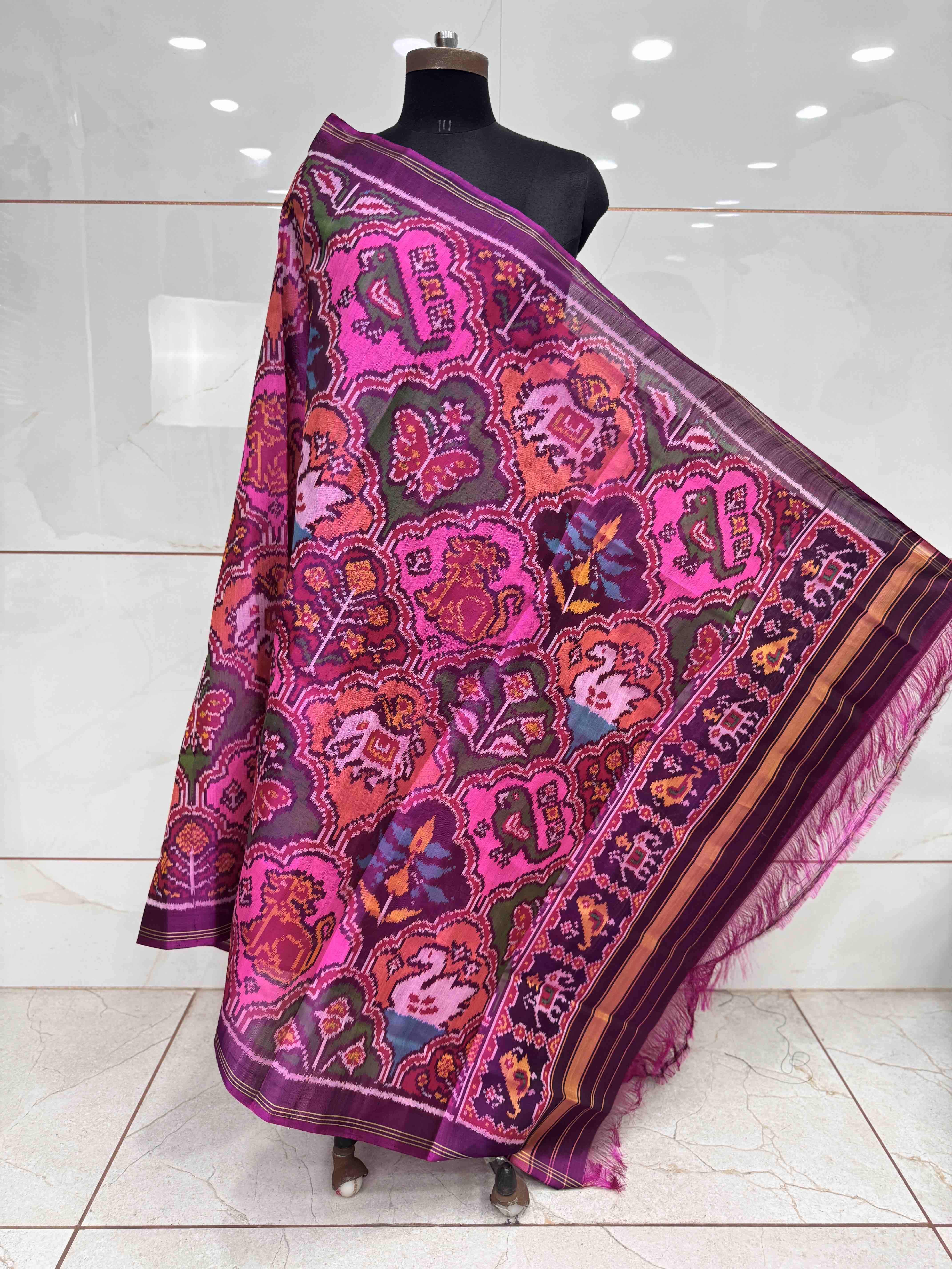 Purple & Pink Narikunj Semi Double Ikat Patola Dupatta