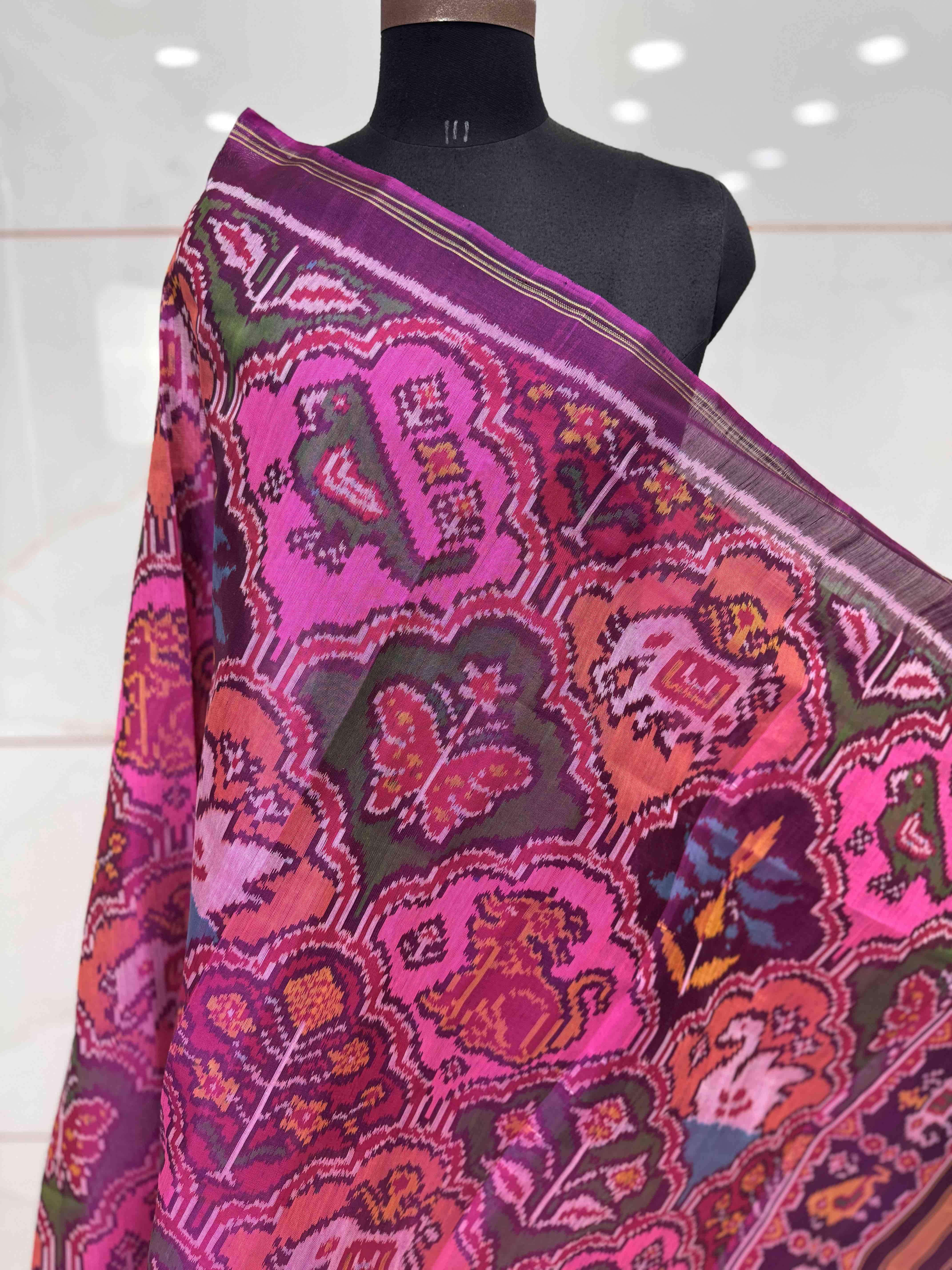 Purple & Pink Narikunj Semi Double Ikat Patola Dupatta