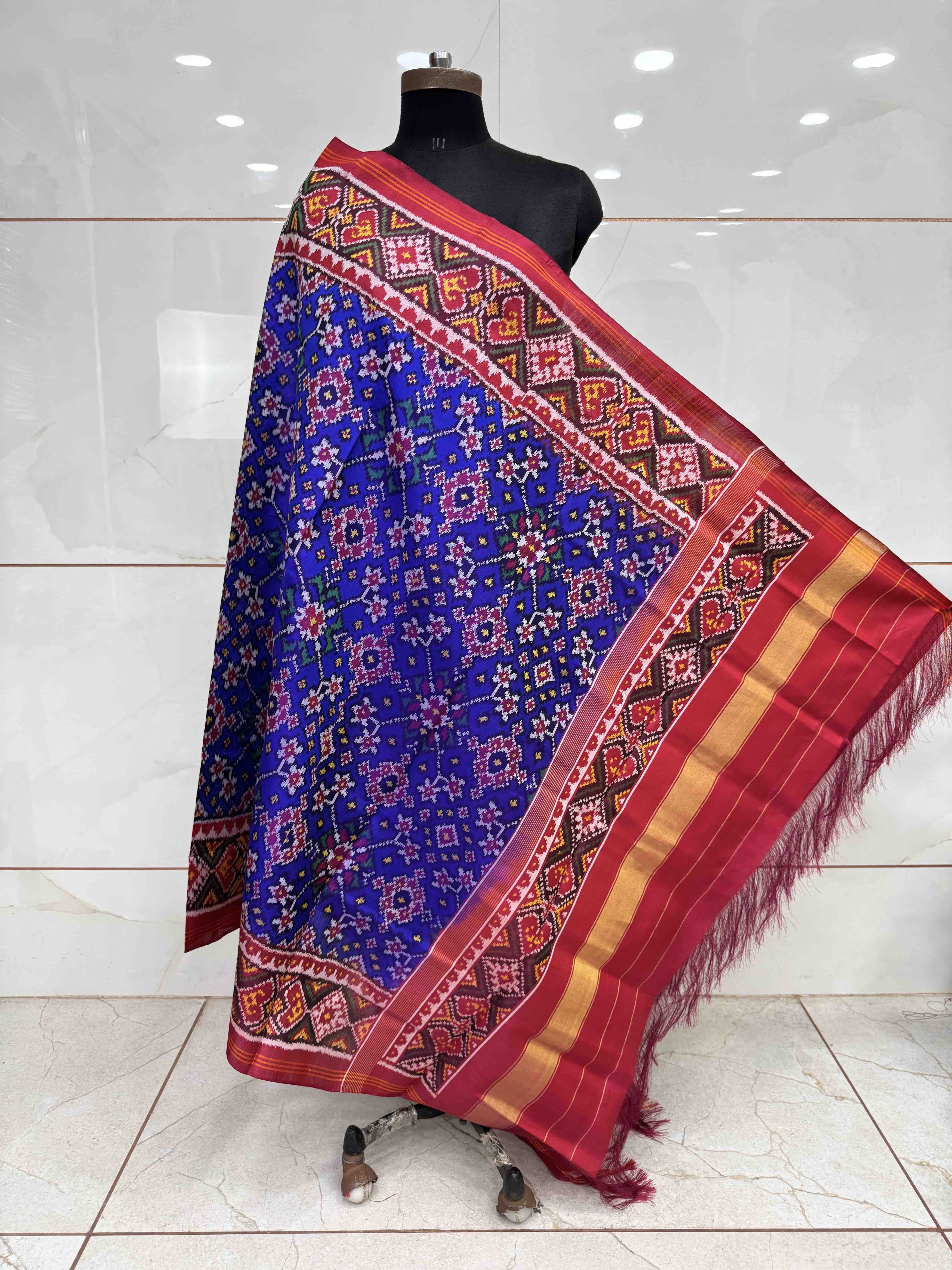 Dark Pink & Blue Navratan Semi Double Ikat Patola Dupatta