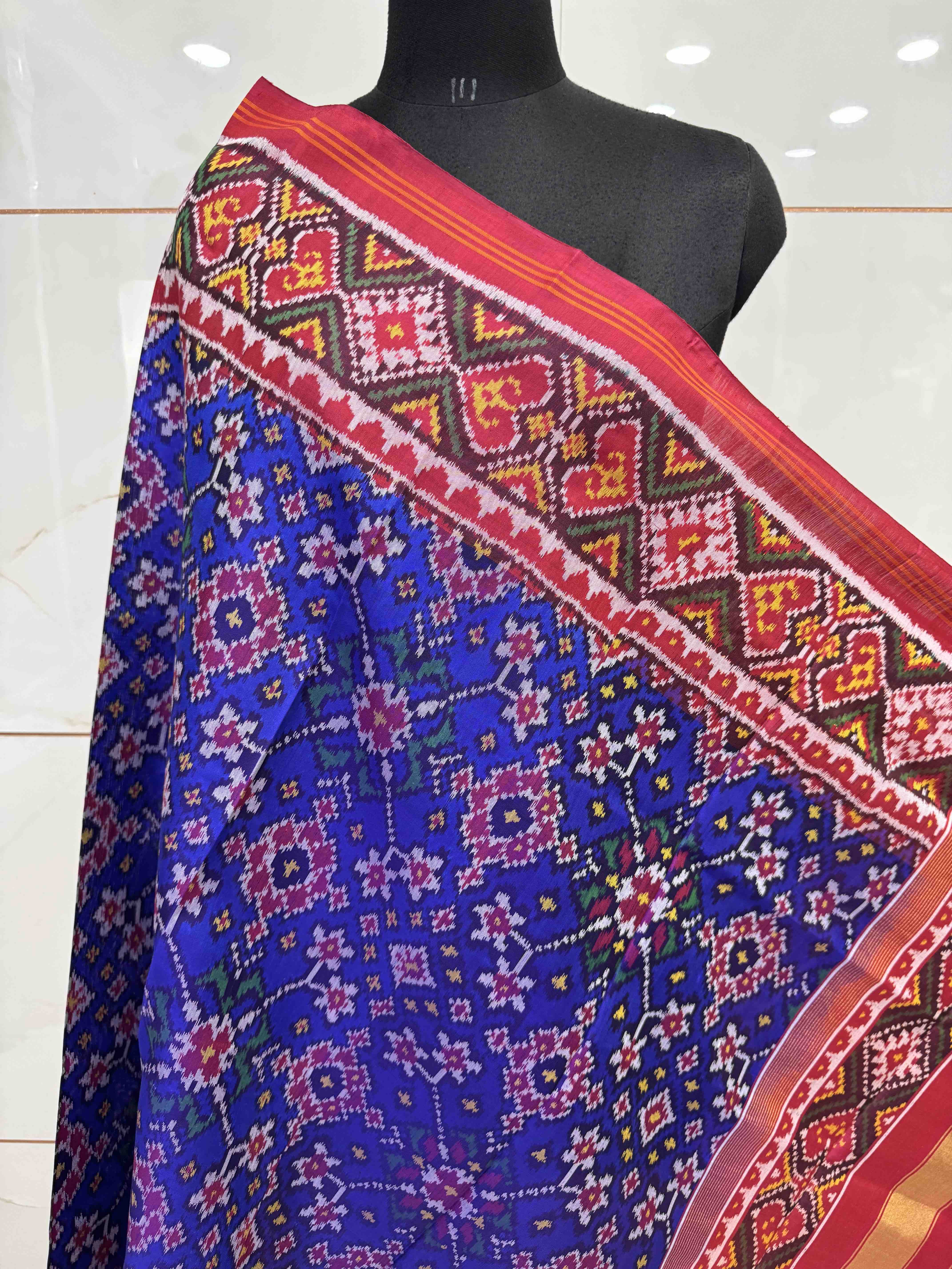 Dark Pink & Blue Navratan Semi Double Ikat Patola Dupatta
