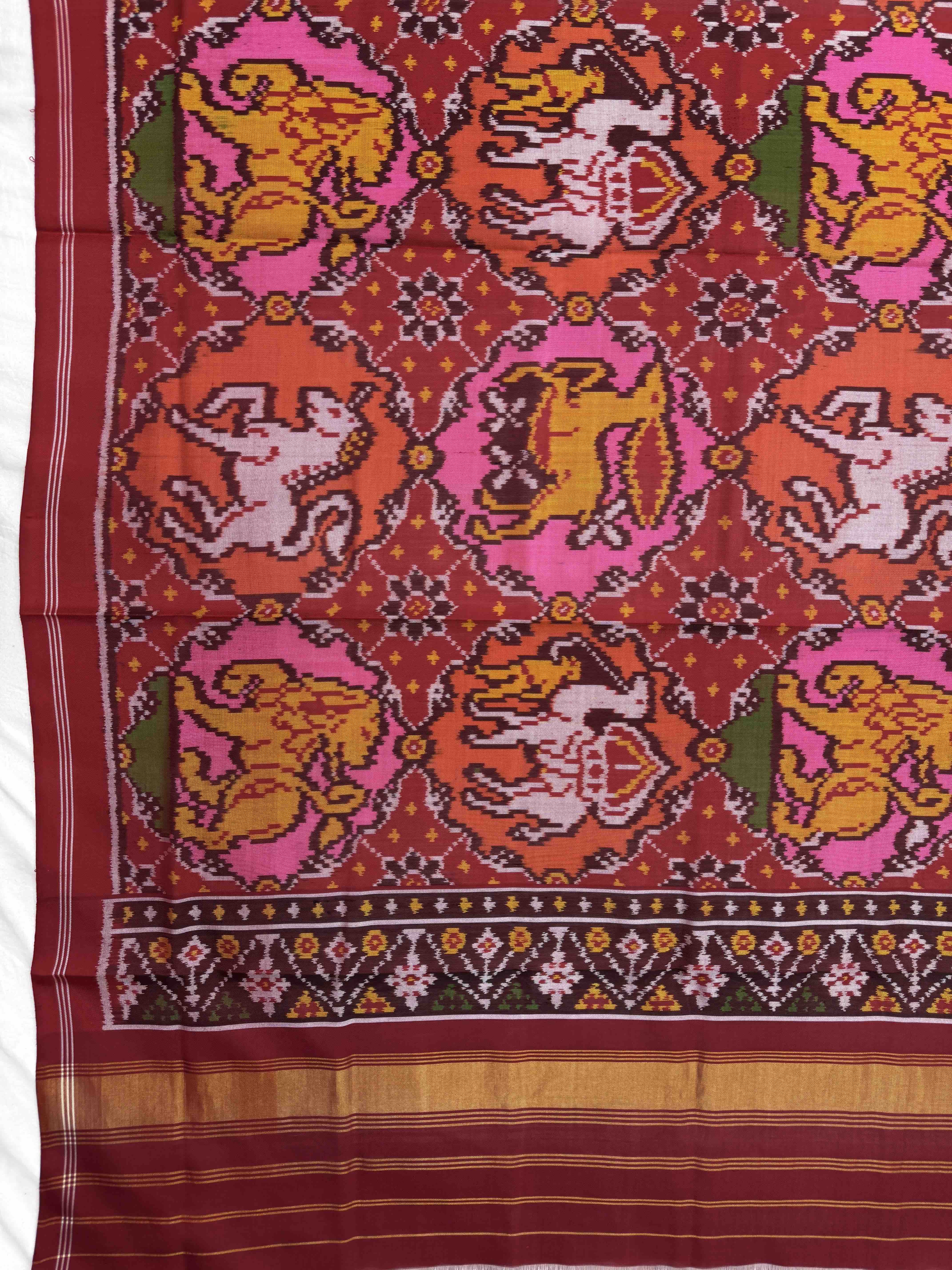 Red Multicolor Figure Motifs Semi Double Ikat Patola Dupatta