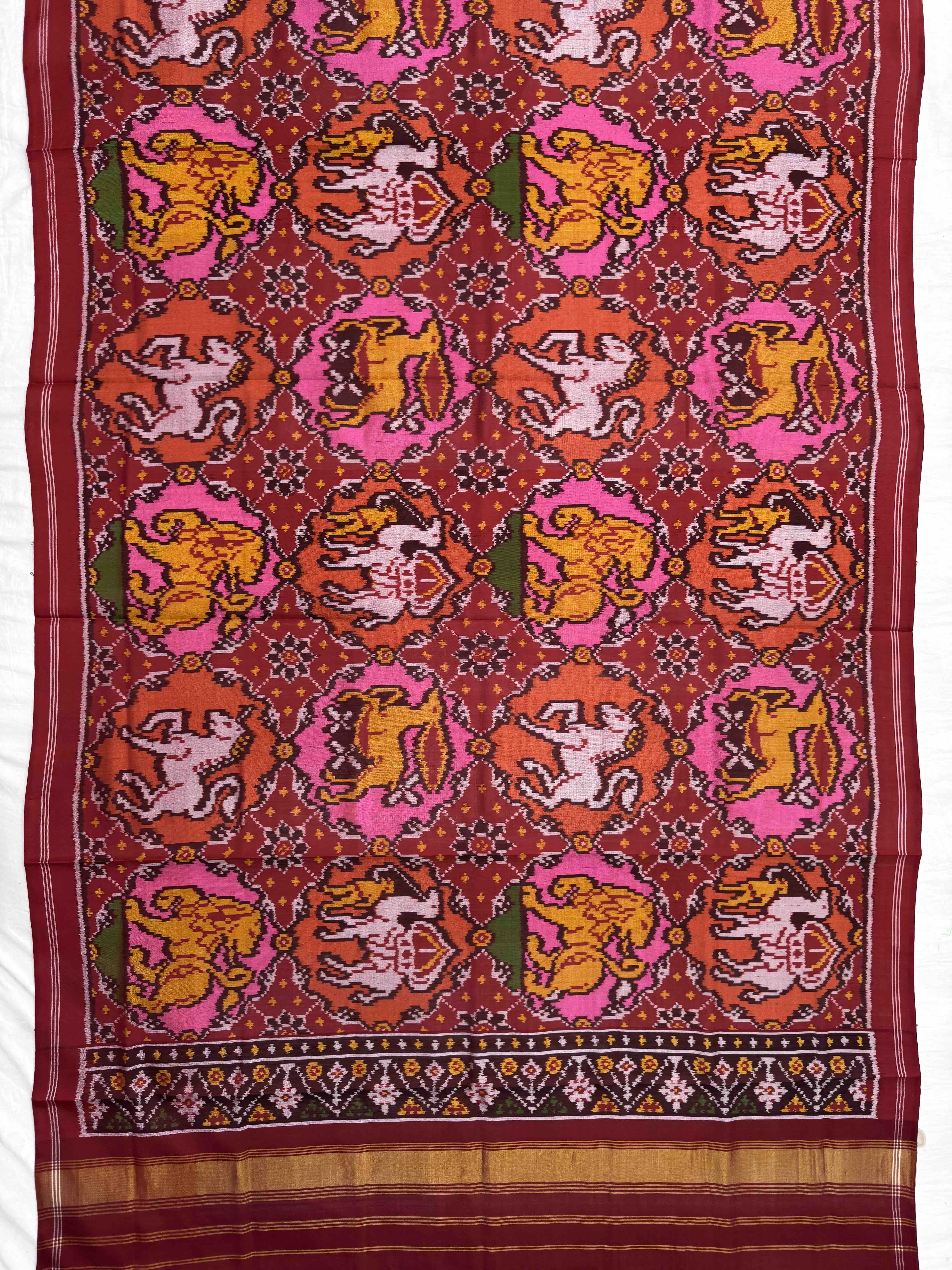 Red Multicolor Figure Motifs Semi Double Ikat Patola Dupatta