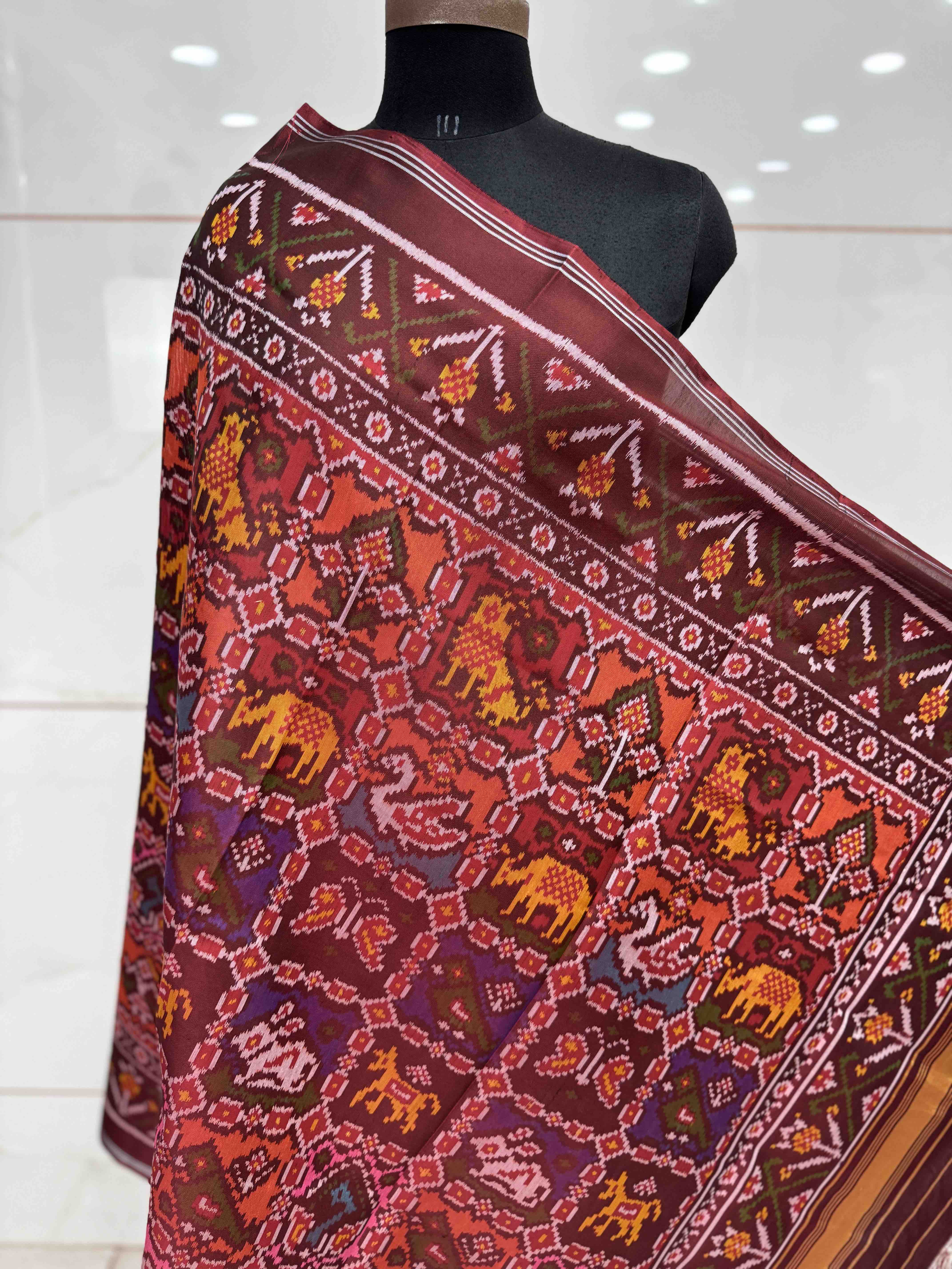 Dark Maroon Narikunj Semi Double Ikat Patola Dupatta