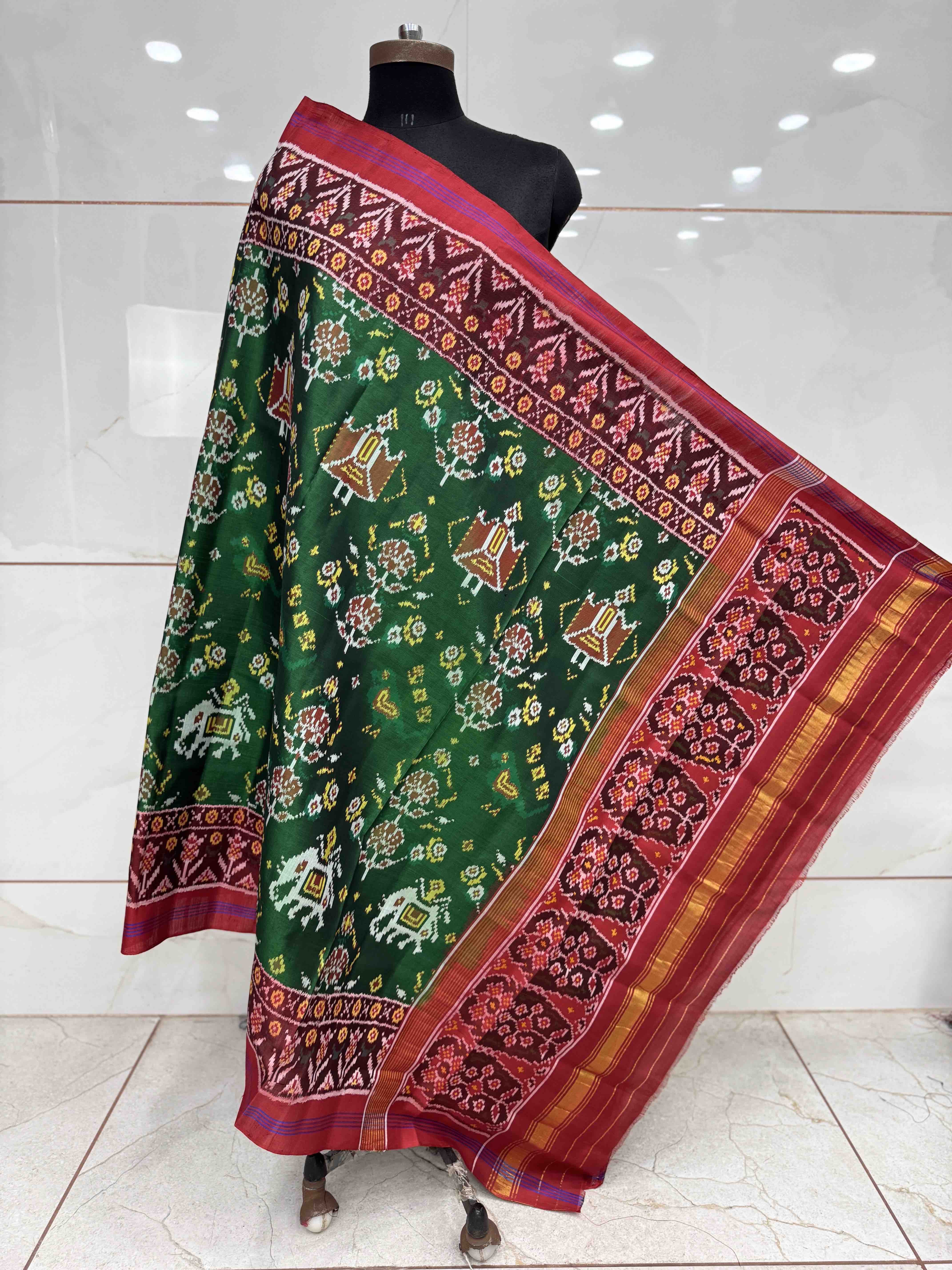Red & Green Narikunj Semi Double Ikat Patola Dupatta