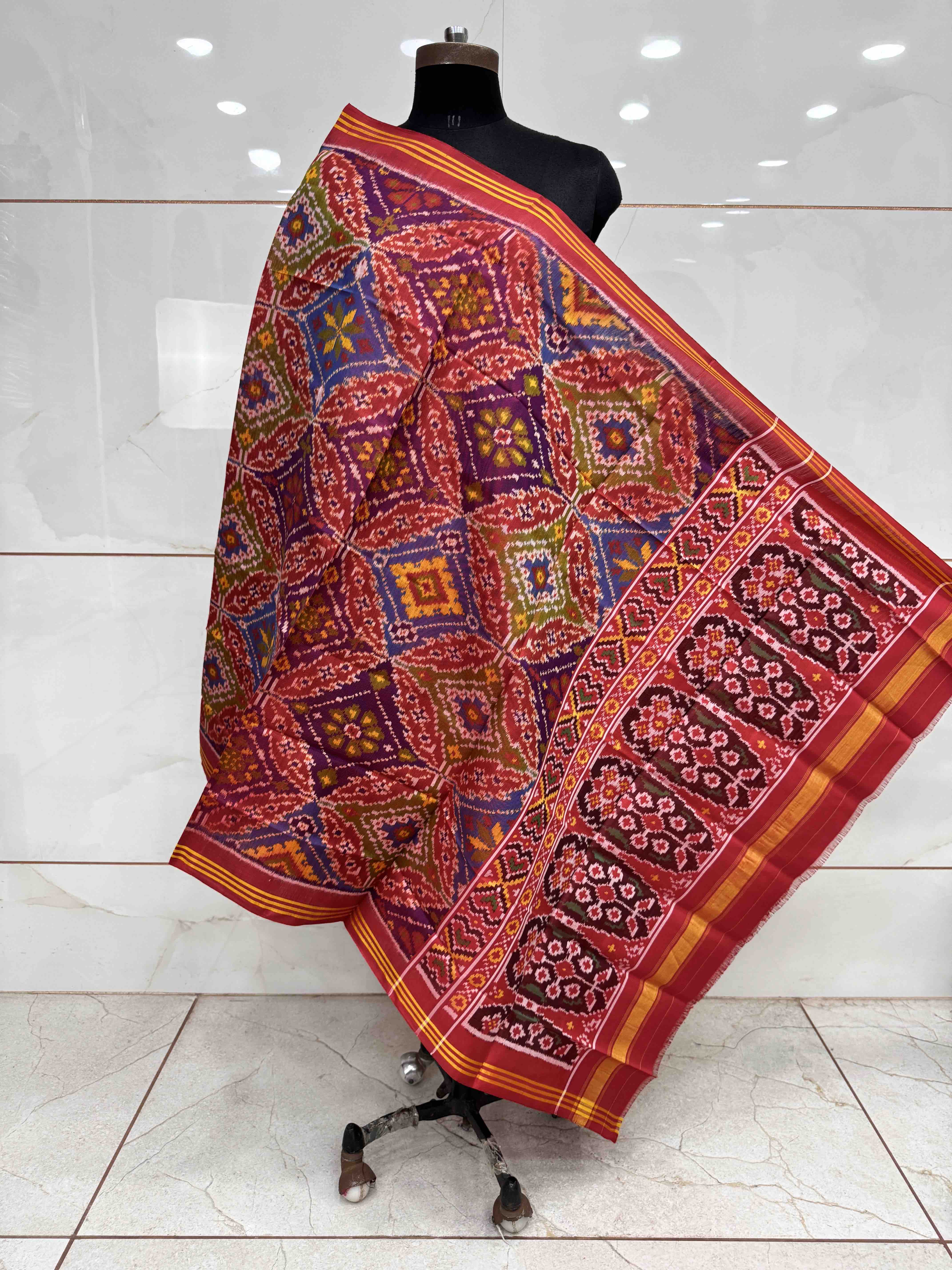 Red Multicolor Fancy Panchanda Semi Double Ikat Patola Dupatta
