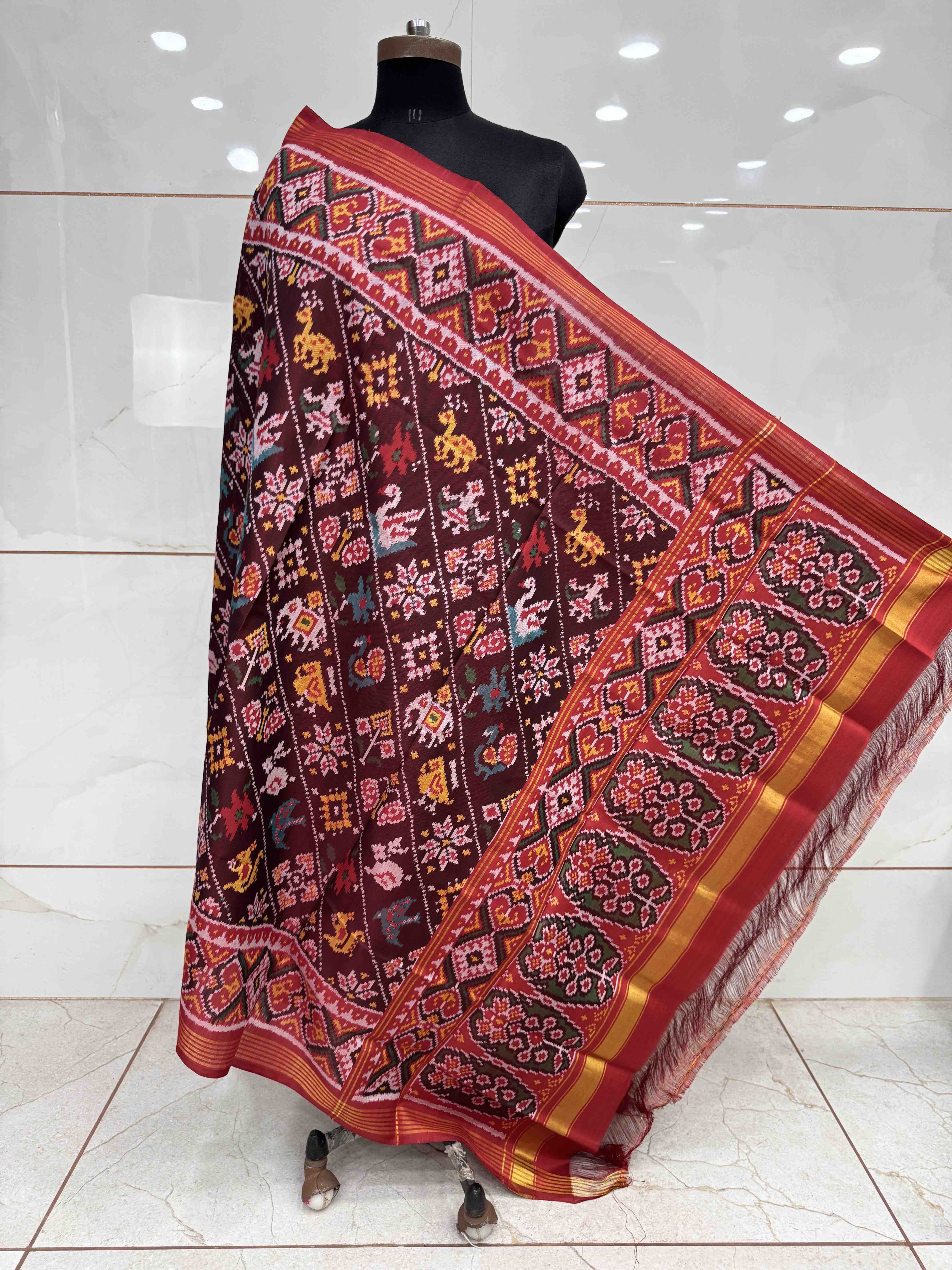 Red & Maroon Narikunj Semi Double Ikat Patola Dupatta