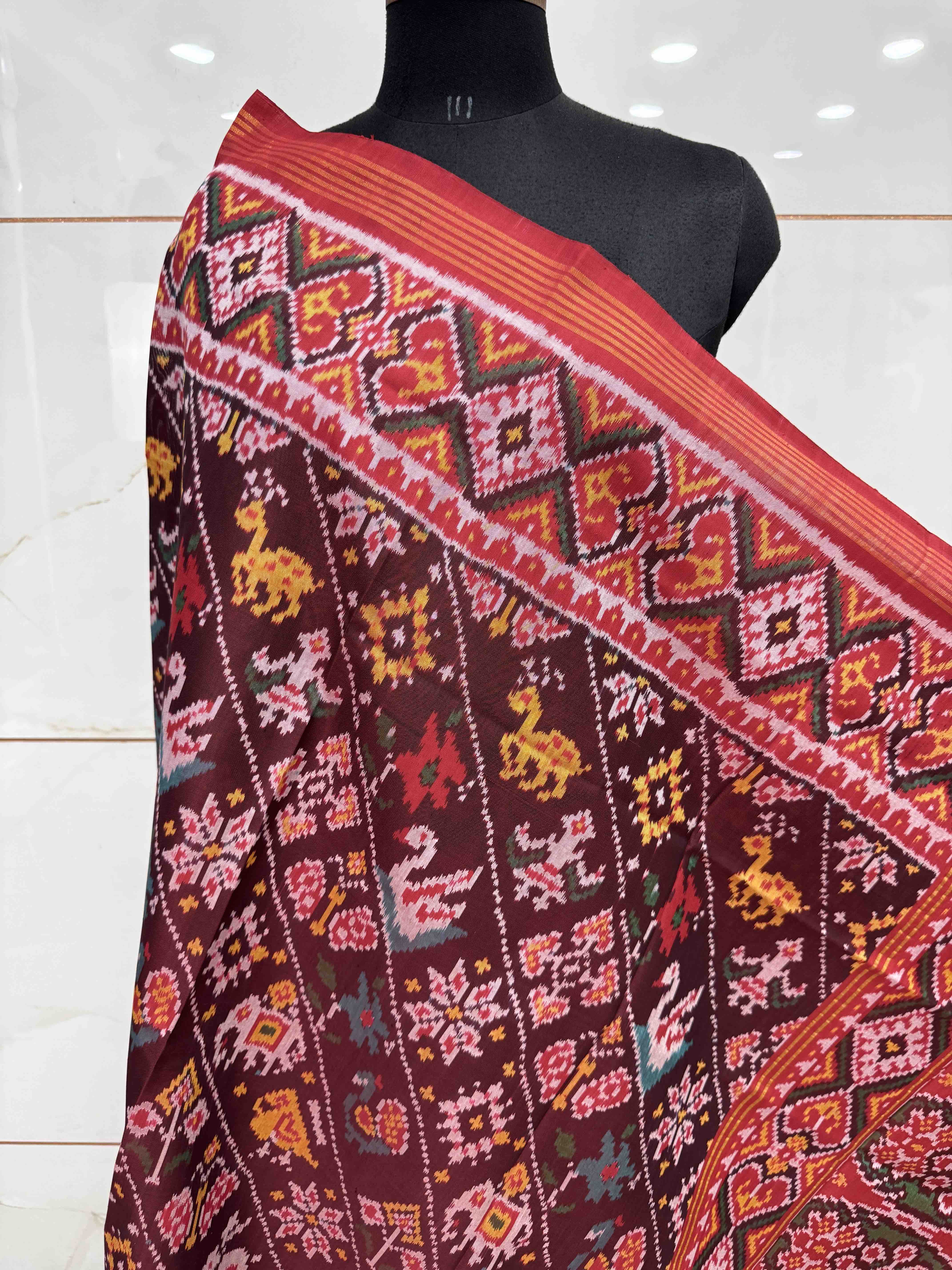 Red & Maroon Narikunj Semi Double Ikat Patola Dupatta