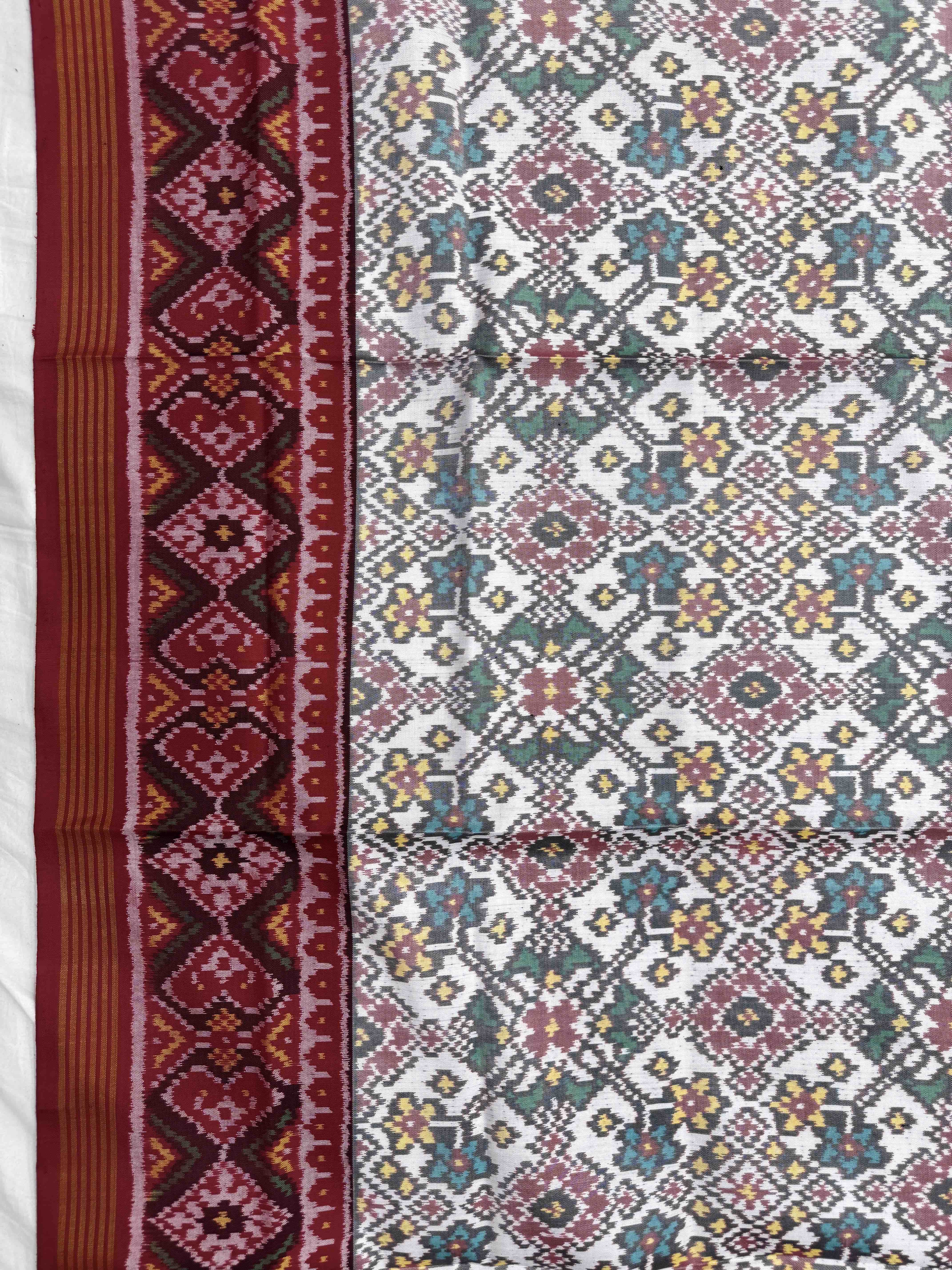 Red & White Navratan Semi Double Ikat Patola Dupatta