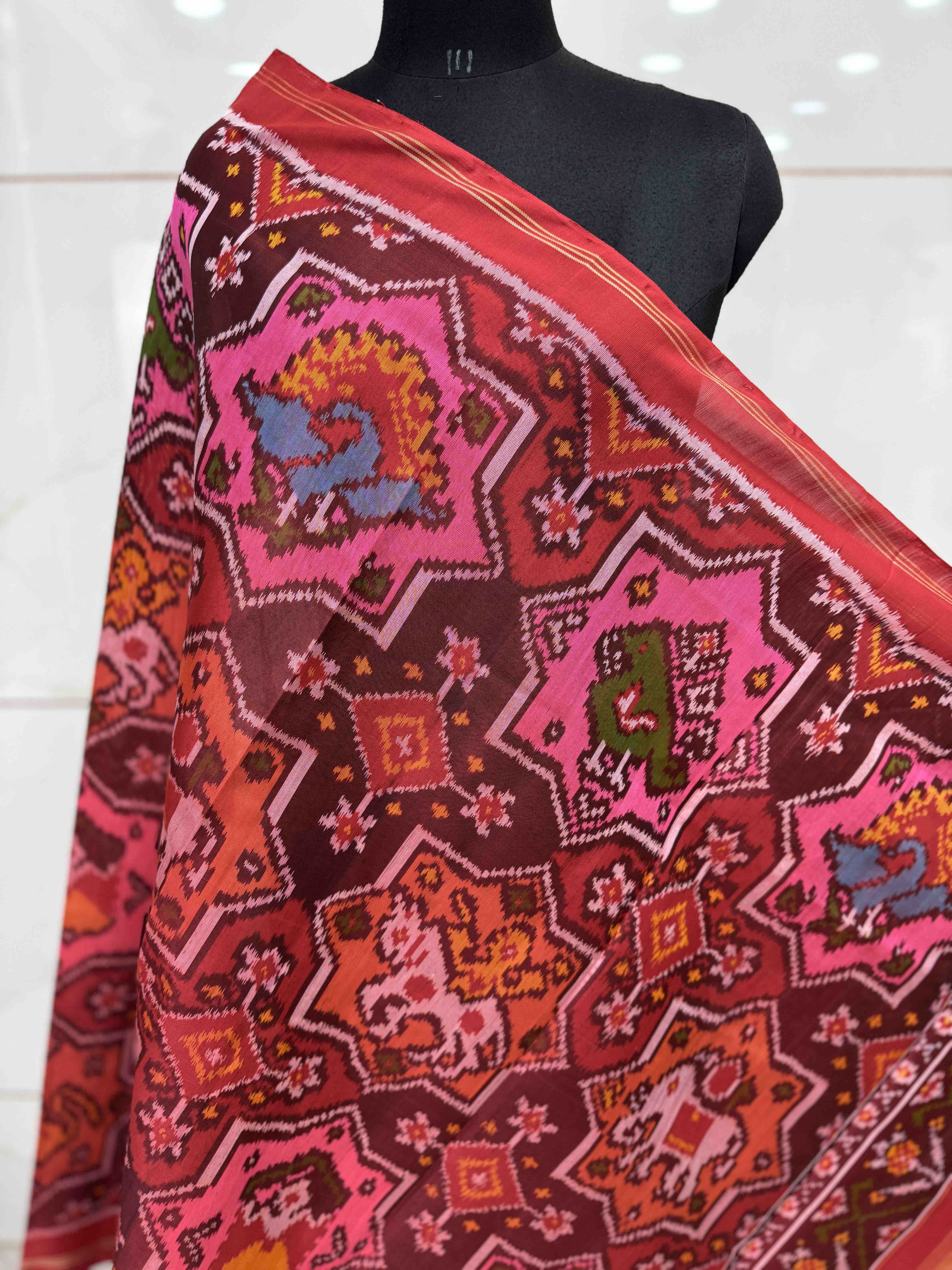 Red & Milticolor Star Naikunj Semi Double Ikat Patola Dupatta