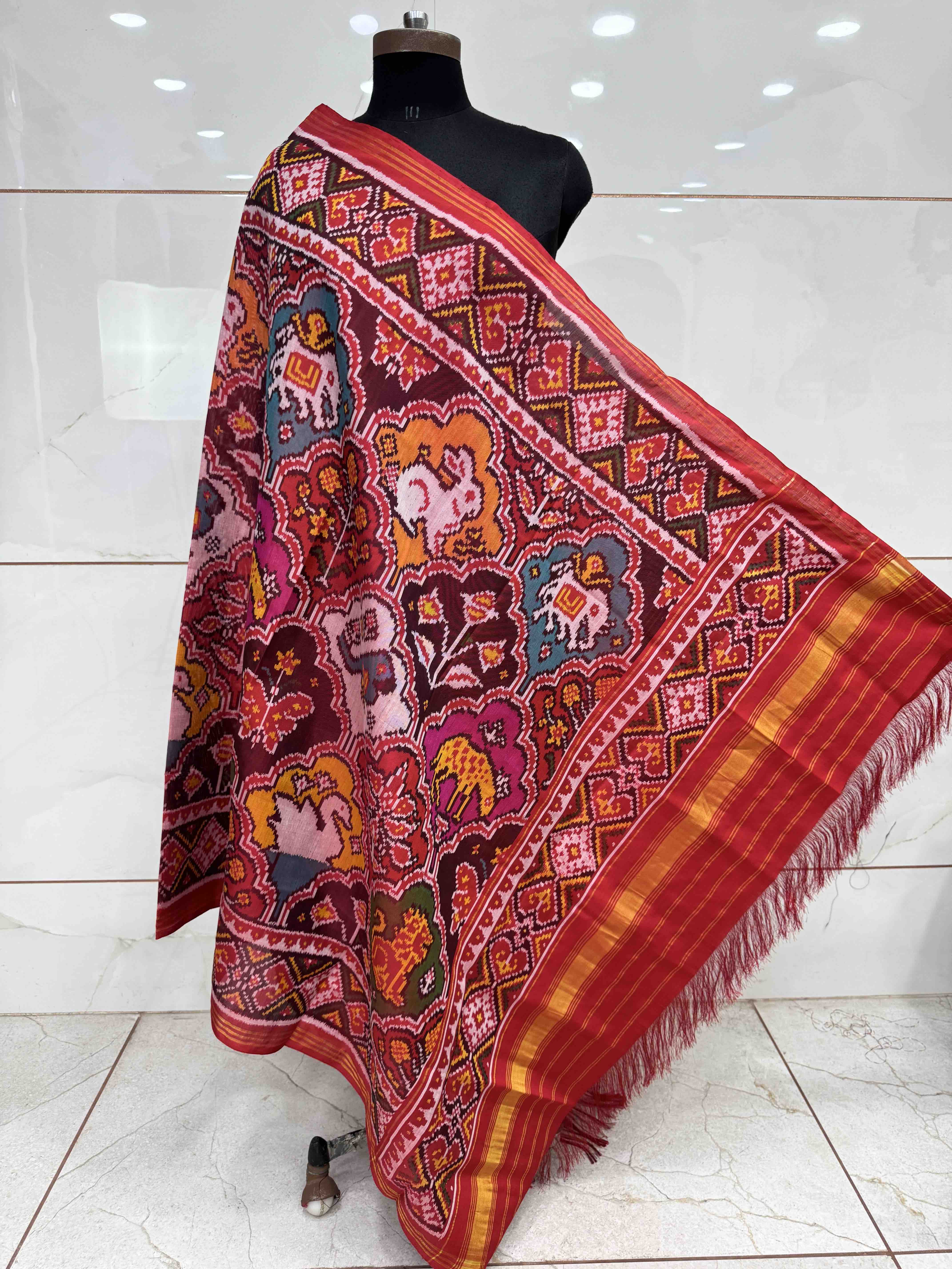 Red & Multicolor Narikunj Semi Double Ikat Patola Dupatta
