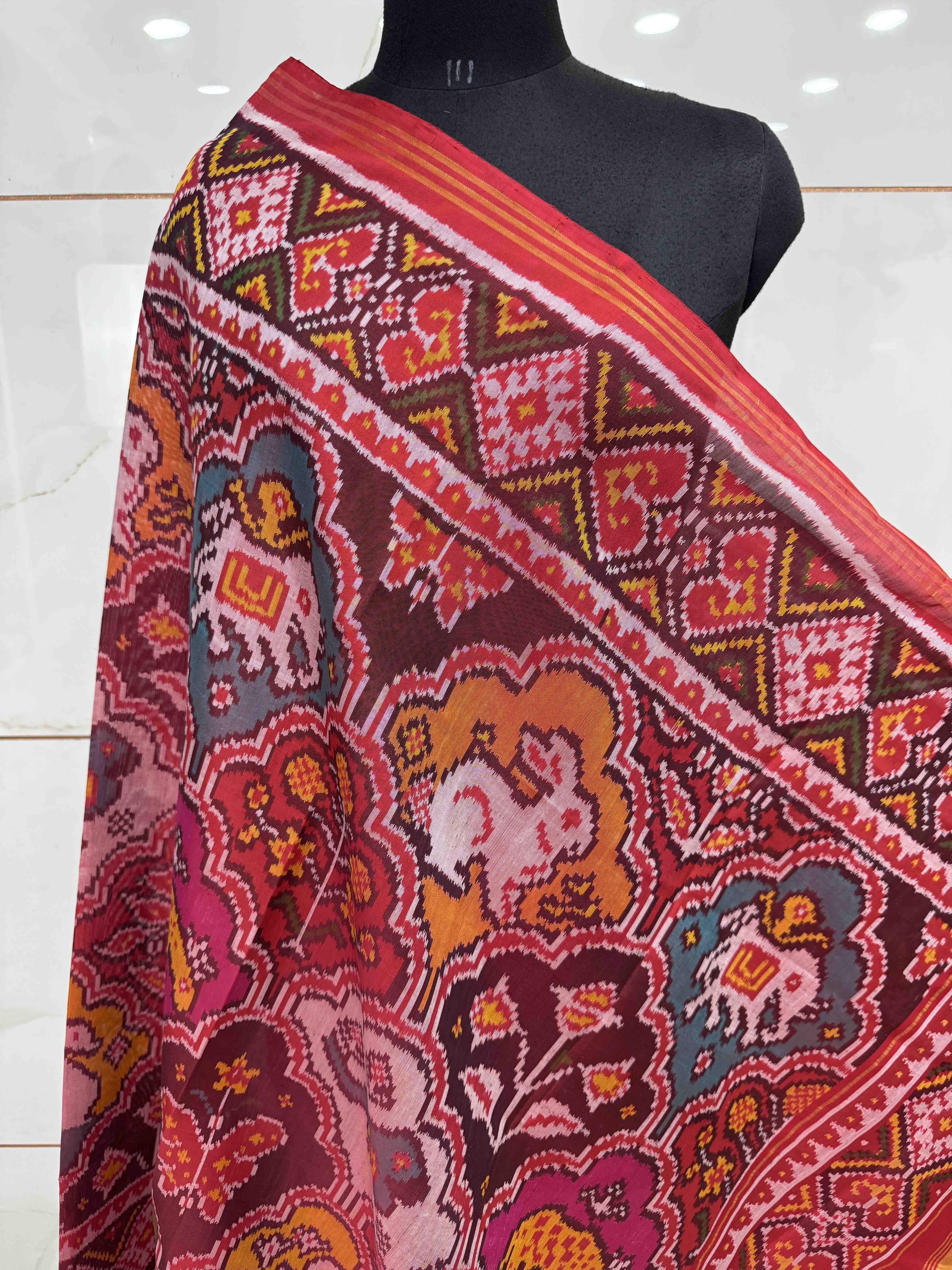 Red & Multicolor Narikunj Semi Double Ikat Patola Dupatta