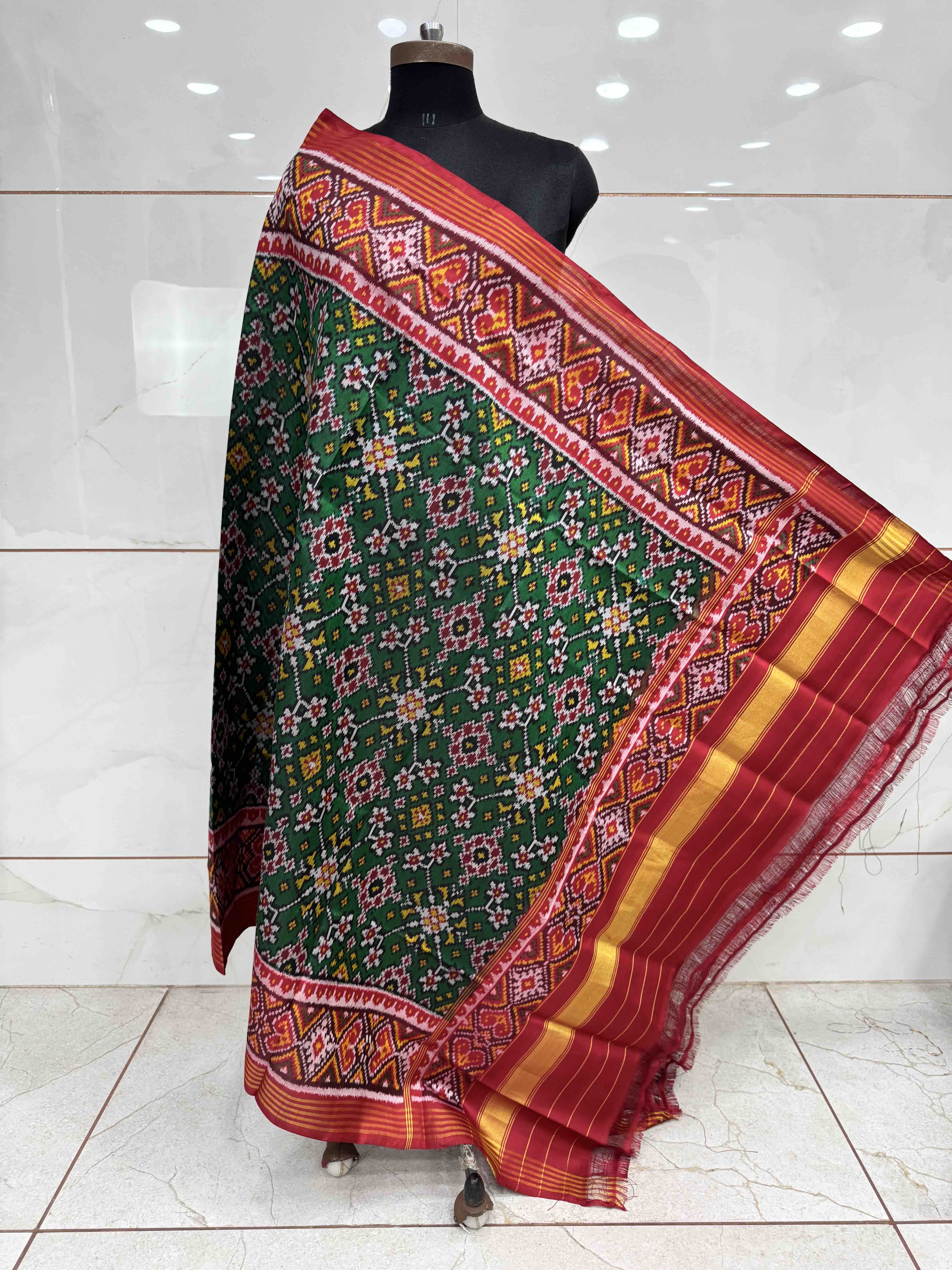 Red & Green Navratan Semi Double Ikat Patola Dupatta