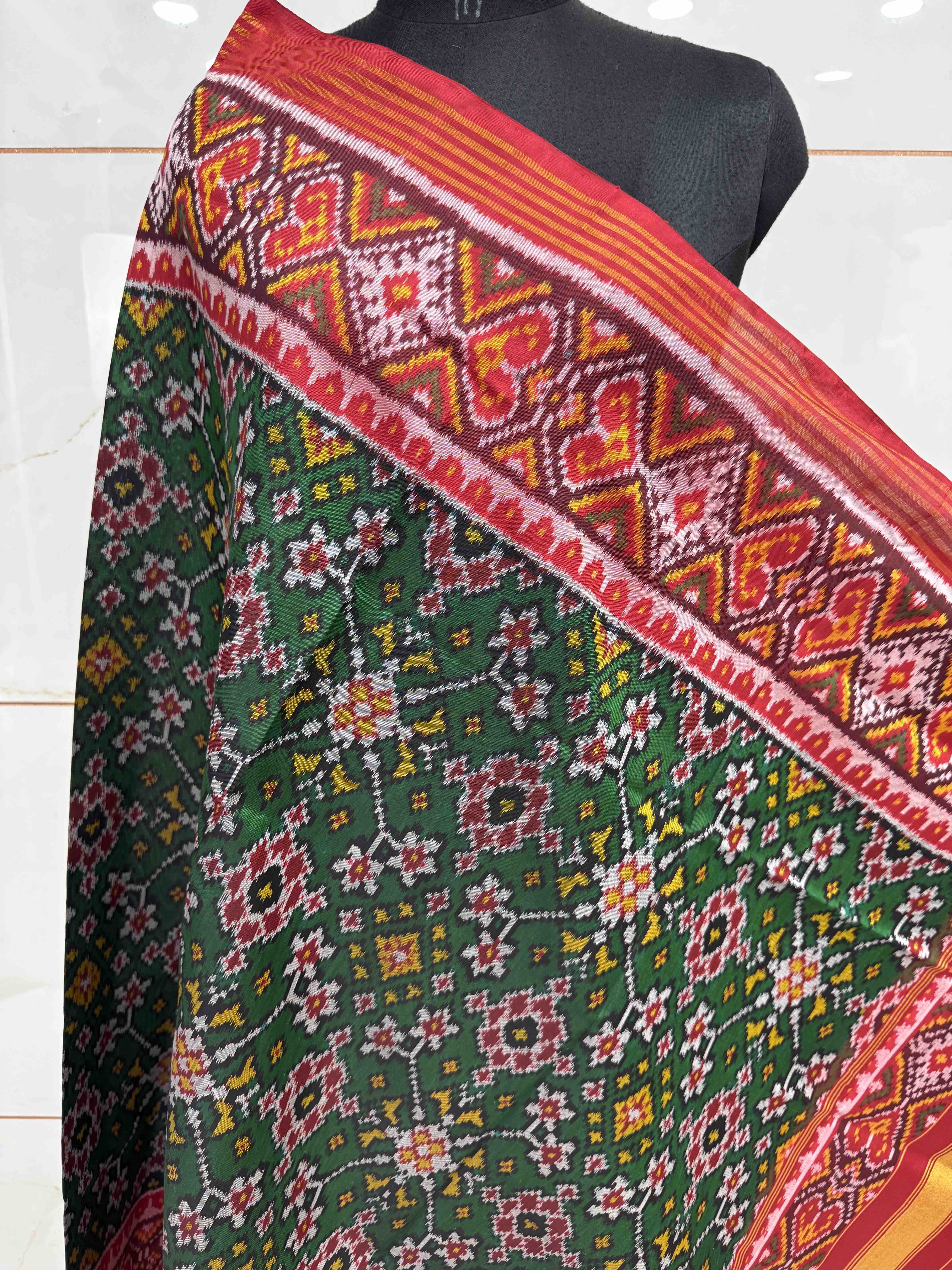 Red & Green Navratan Semi Double Ikat Patola Dupatta