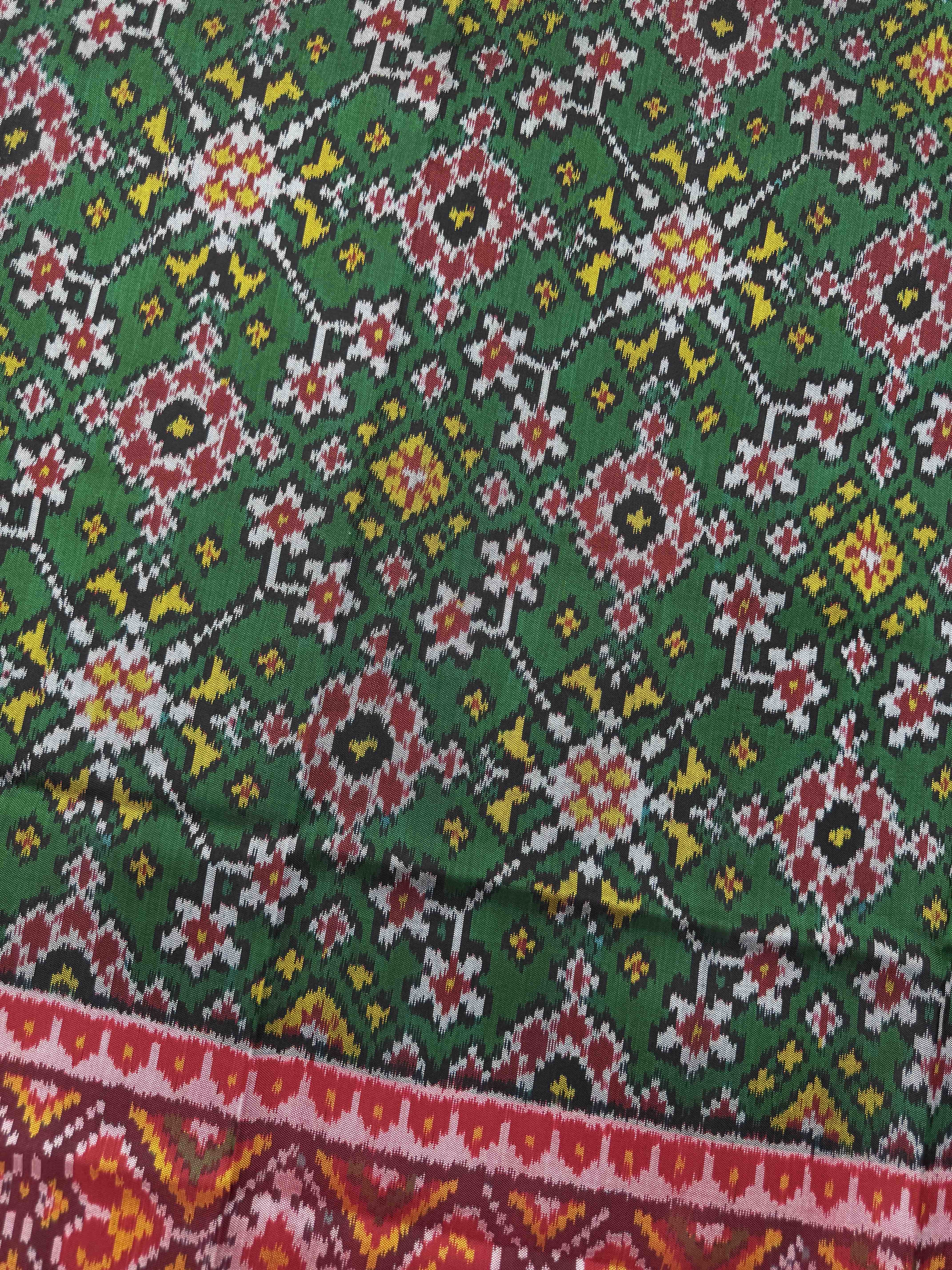 Red & Green Navratan Semi Double Ikat Patola Dupatta