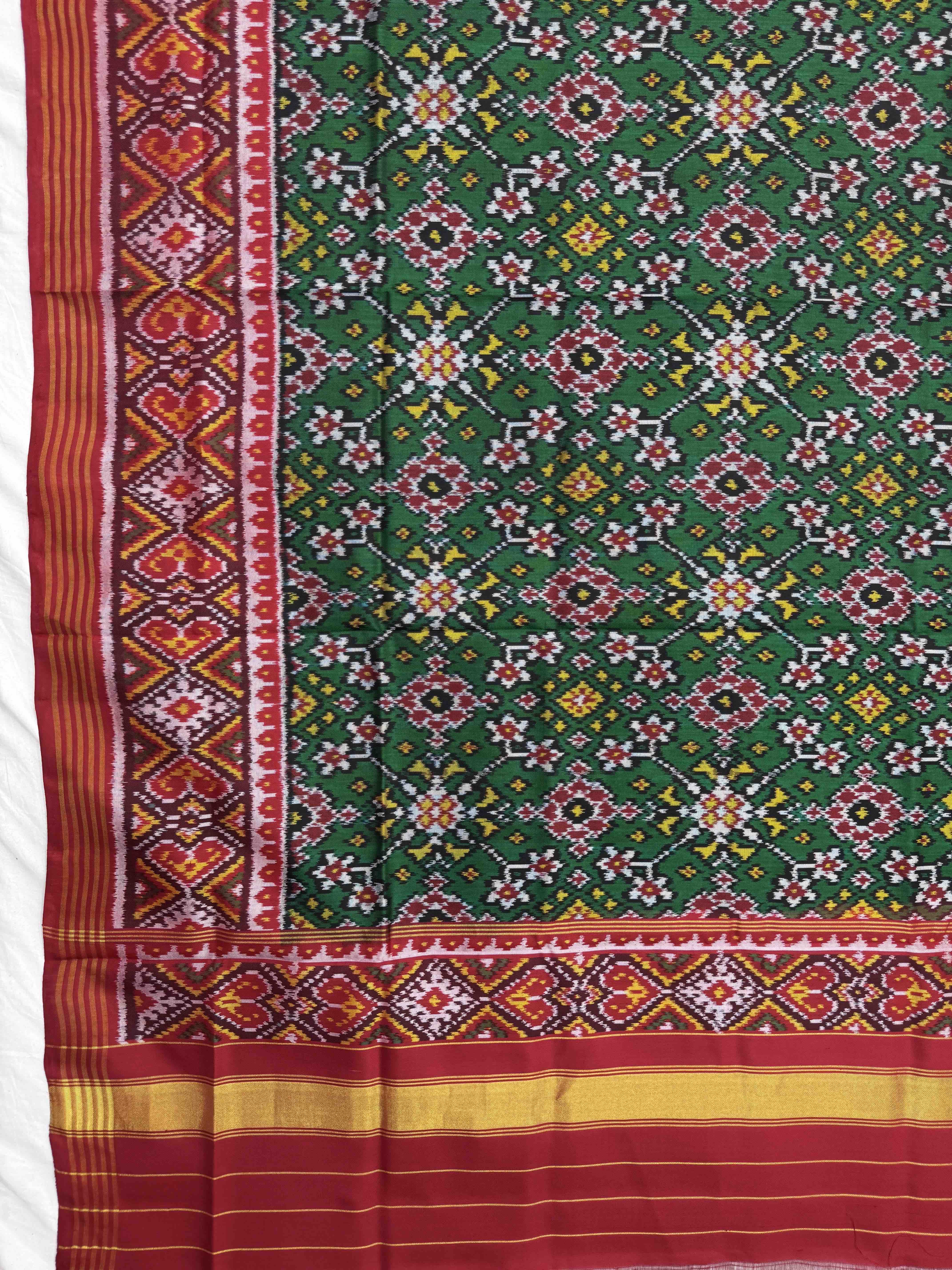 Red & Green Navratan Semi Double Ikat Patola Dupatta