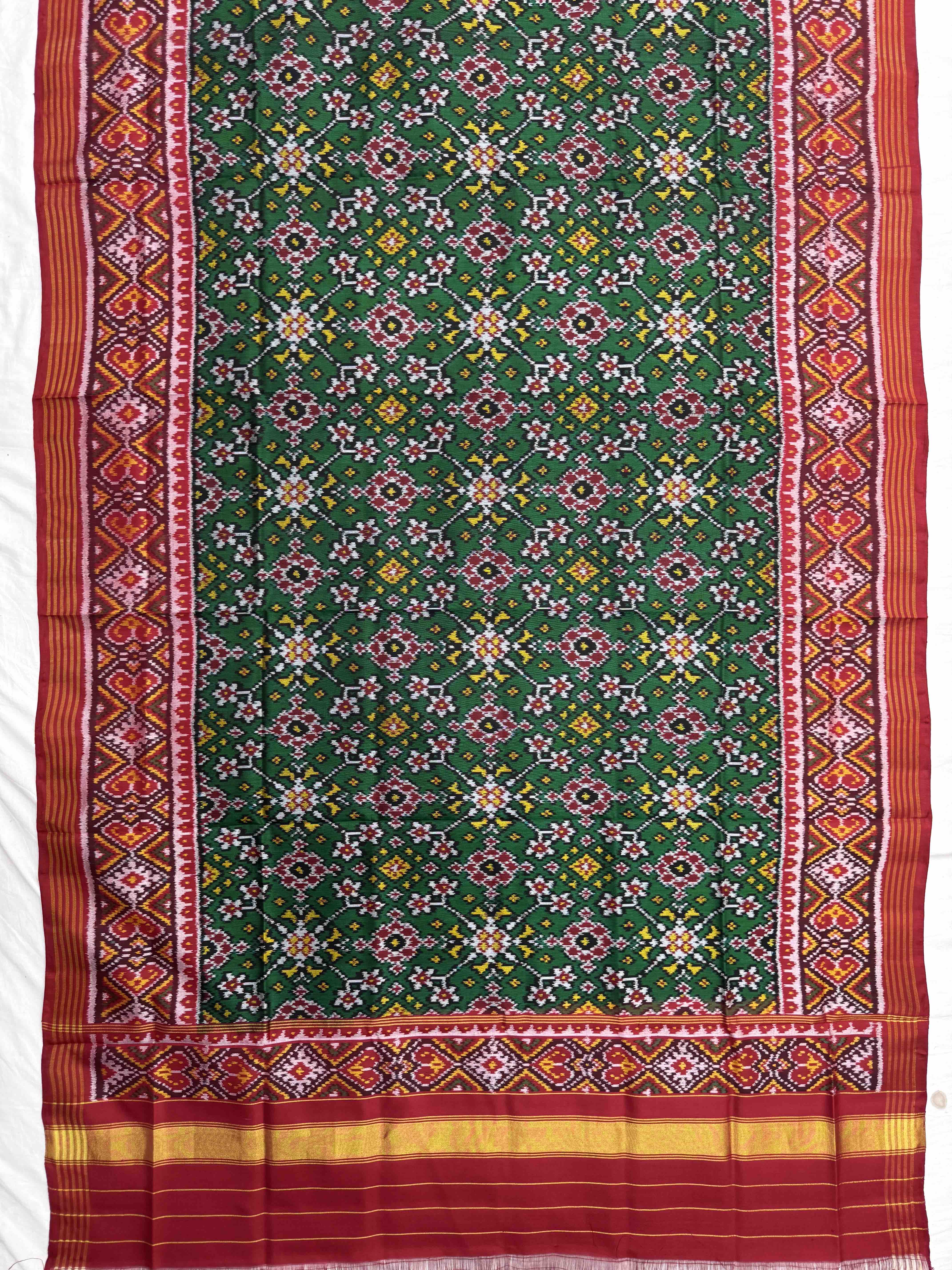 Red & Green Navratan Semi Double Ikat Patola Dupatta
