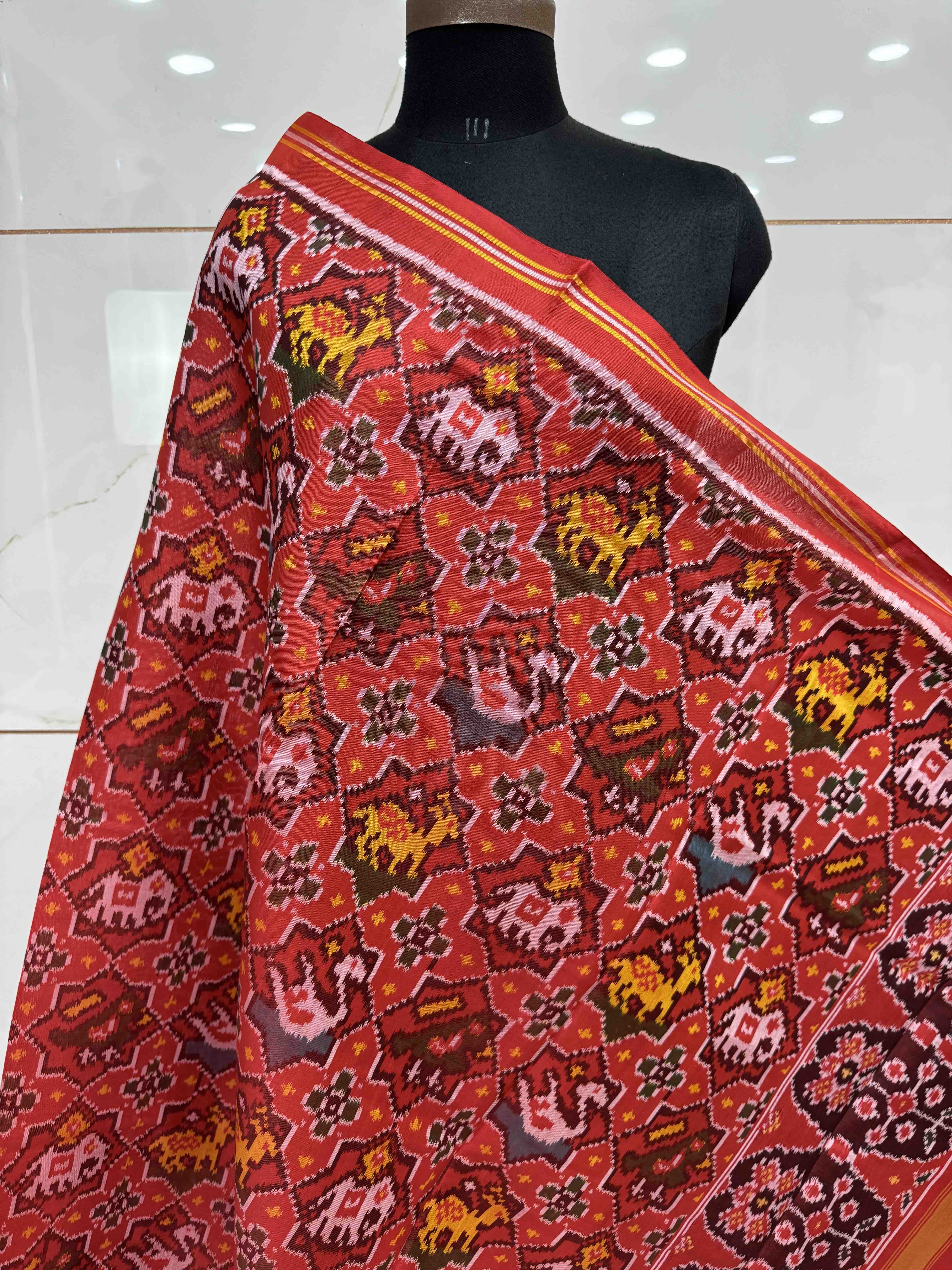 Crimson Red Small Star Narikunj Semi Double Ikat Patola Dupatta