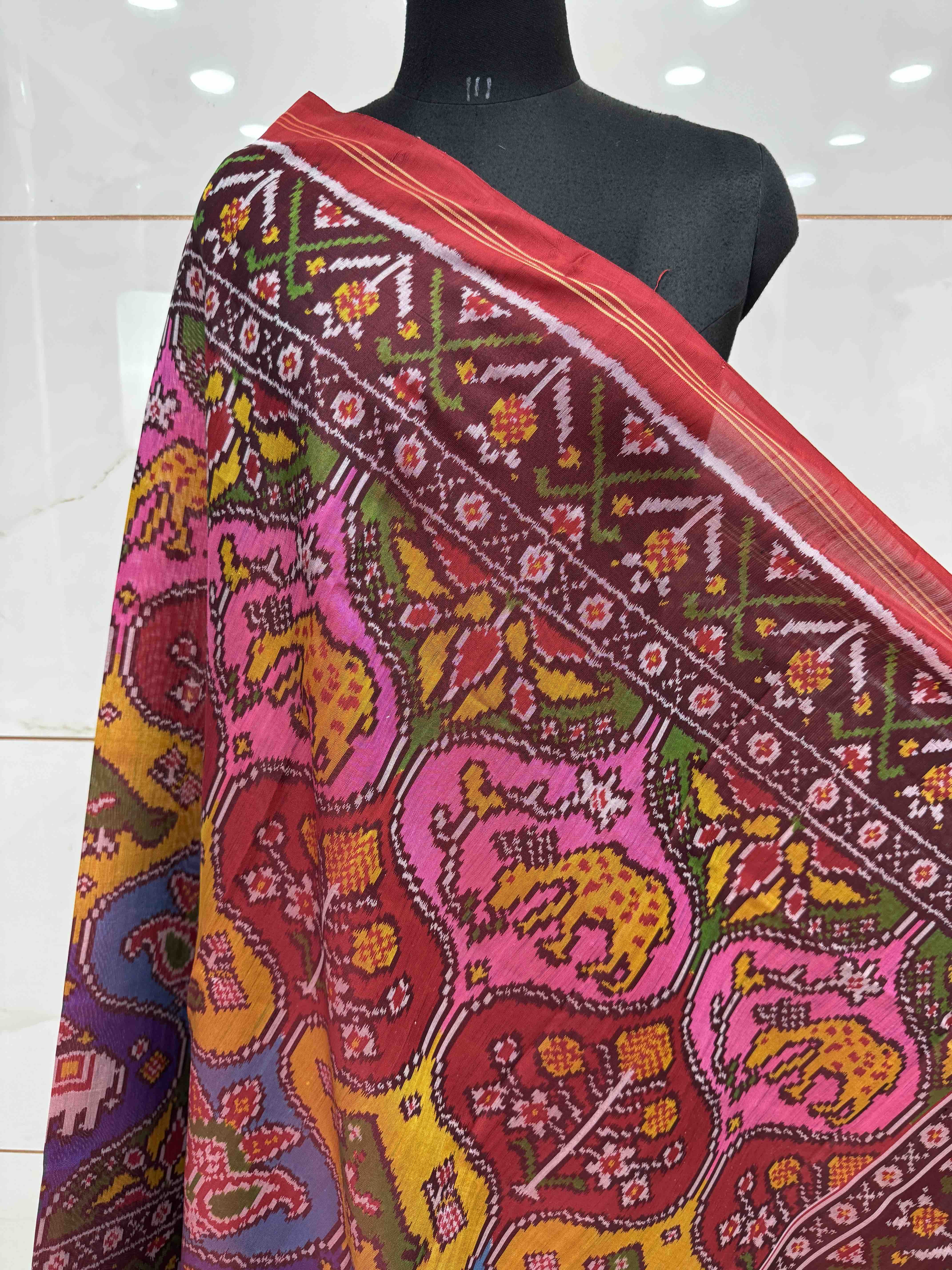 Red & Multicolor Matka Figure Motifs Semi Double Ikat Patola Dupatta