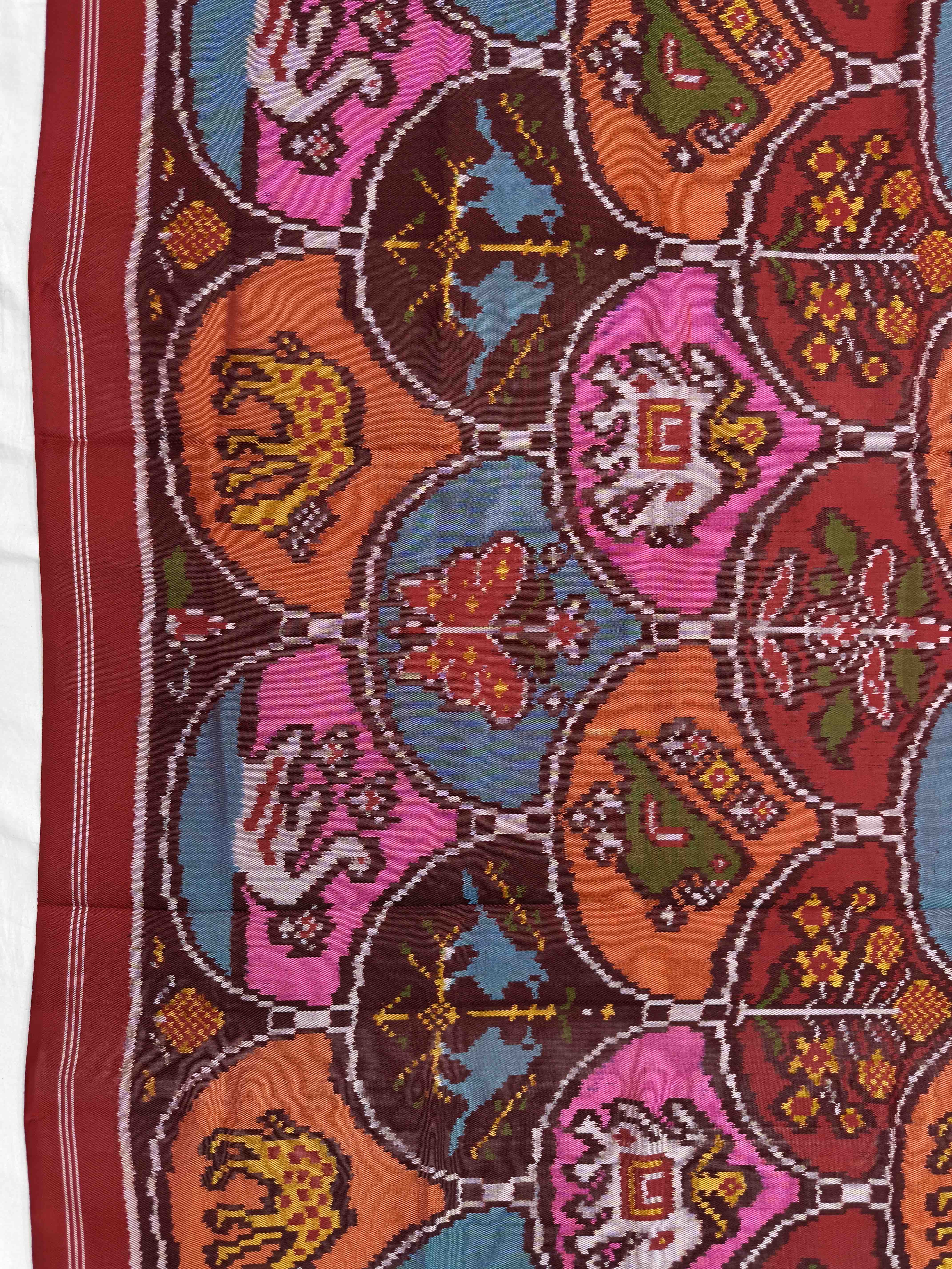 Red & Multicolor Fancy Figure Motifs Semi Double Ikat Patola Dupatta