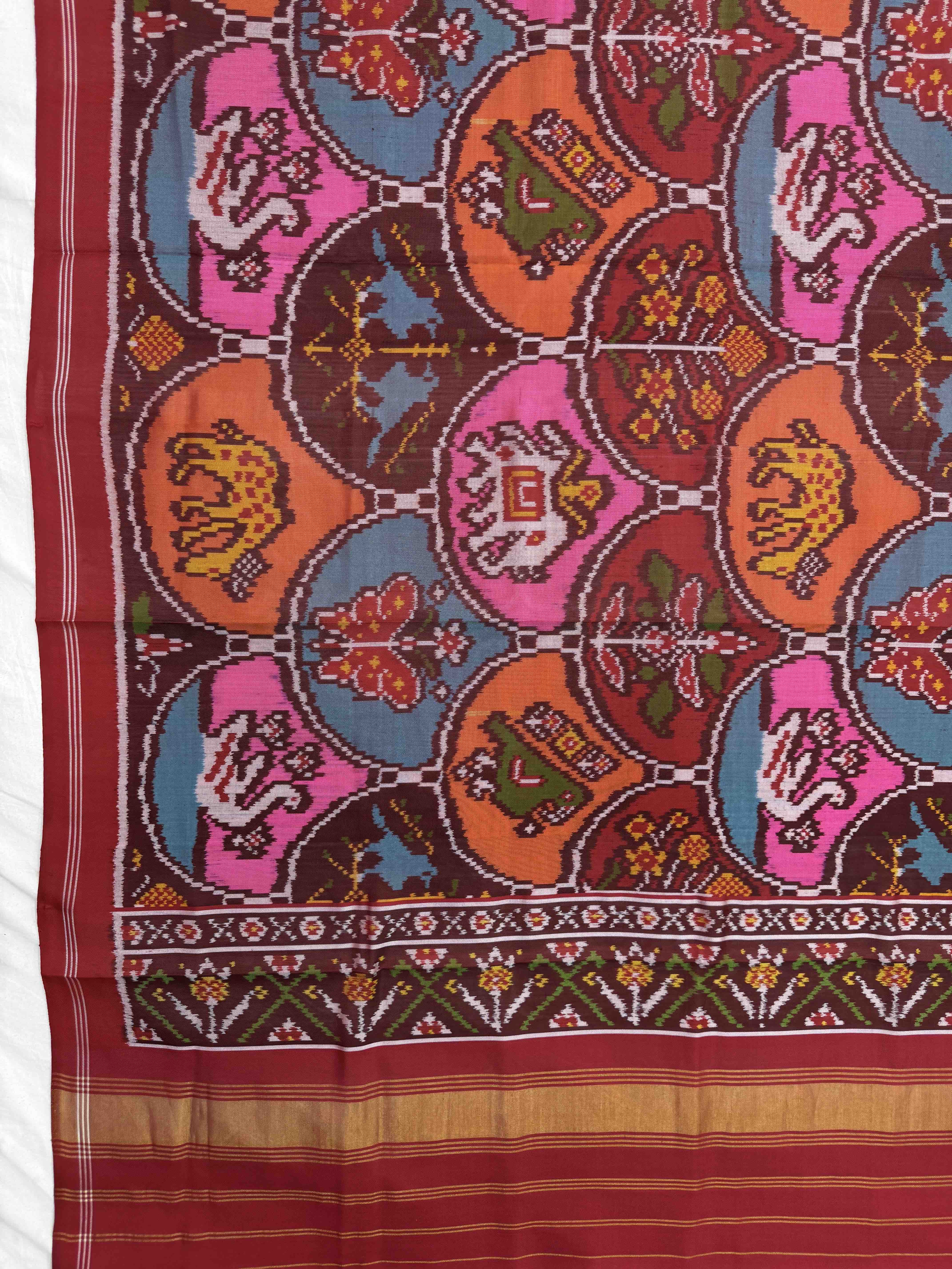 Red & Multicolor Fancy Figure Motifs Semi Double Ikat Patola Dupatta