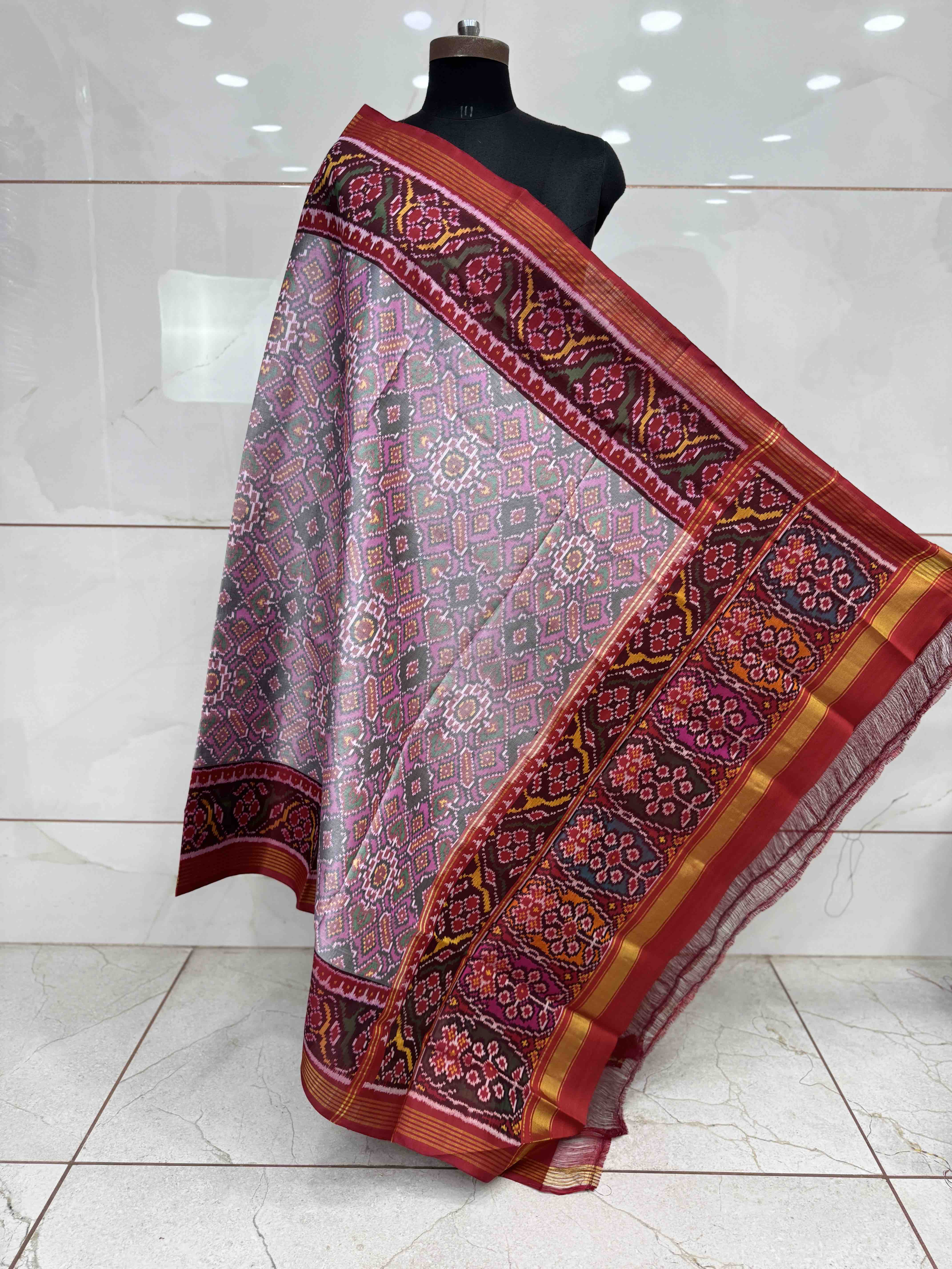 Red & Light Pink Manekchow Semi Double Ikat Patola Dupatta