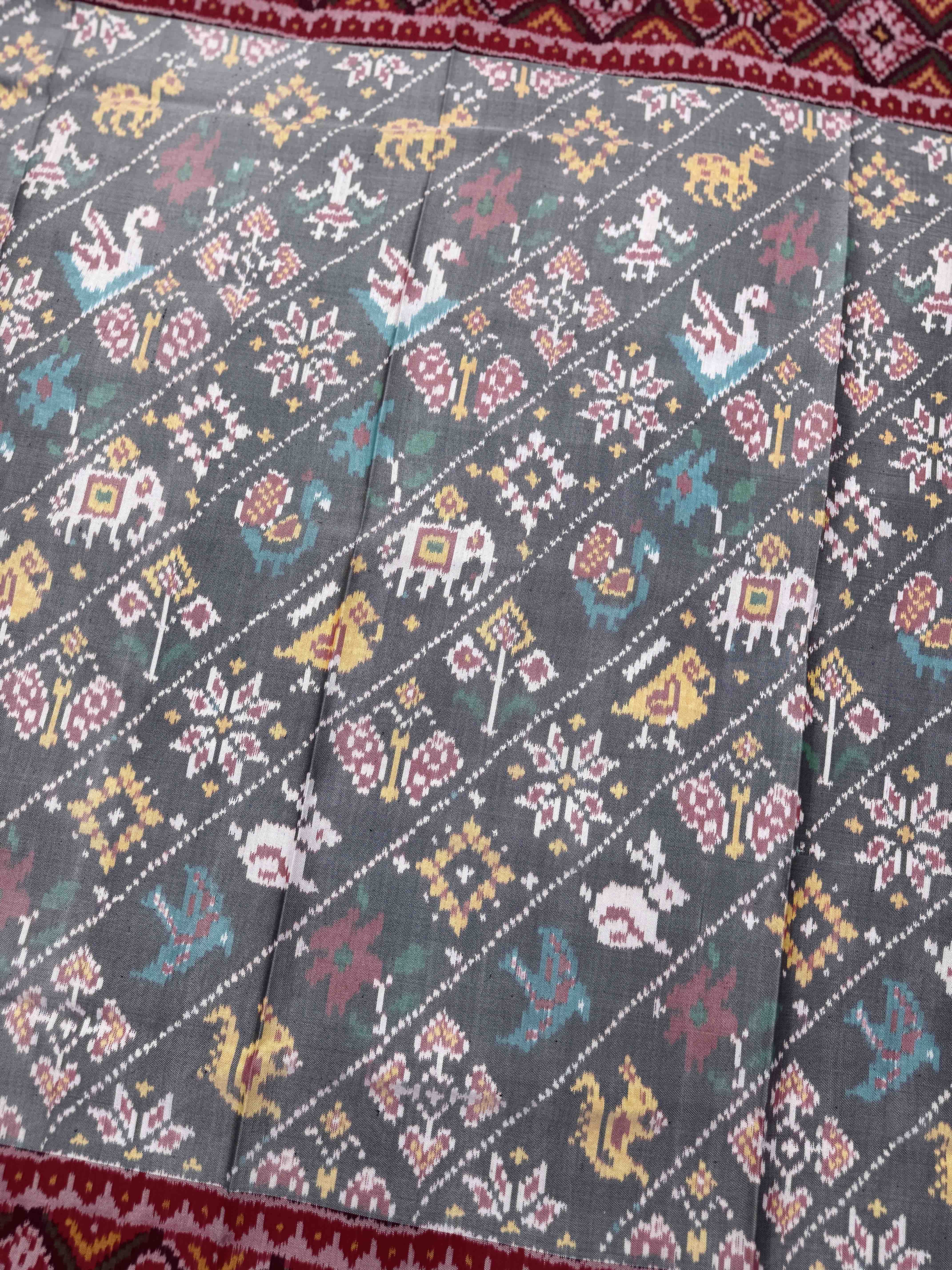 Red & Grey Leheriya Narikunj Semi Double Ikat Patola Dupatta