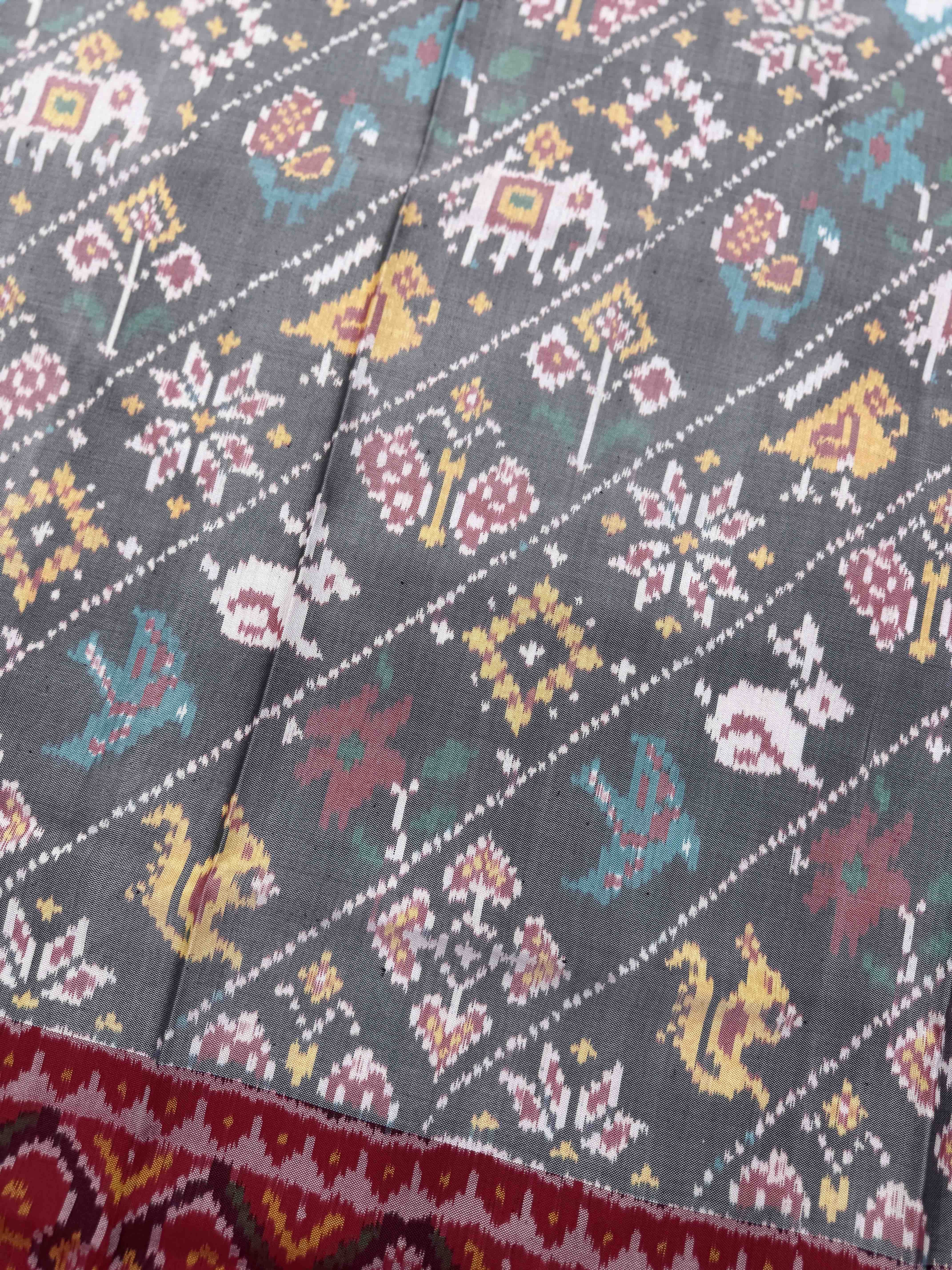 Red & Grey Leheriya Narikunj Semi Double Ikat Patola Dupatta