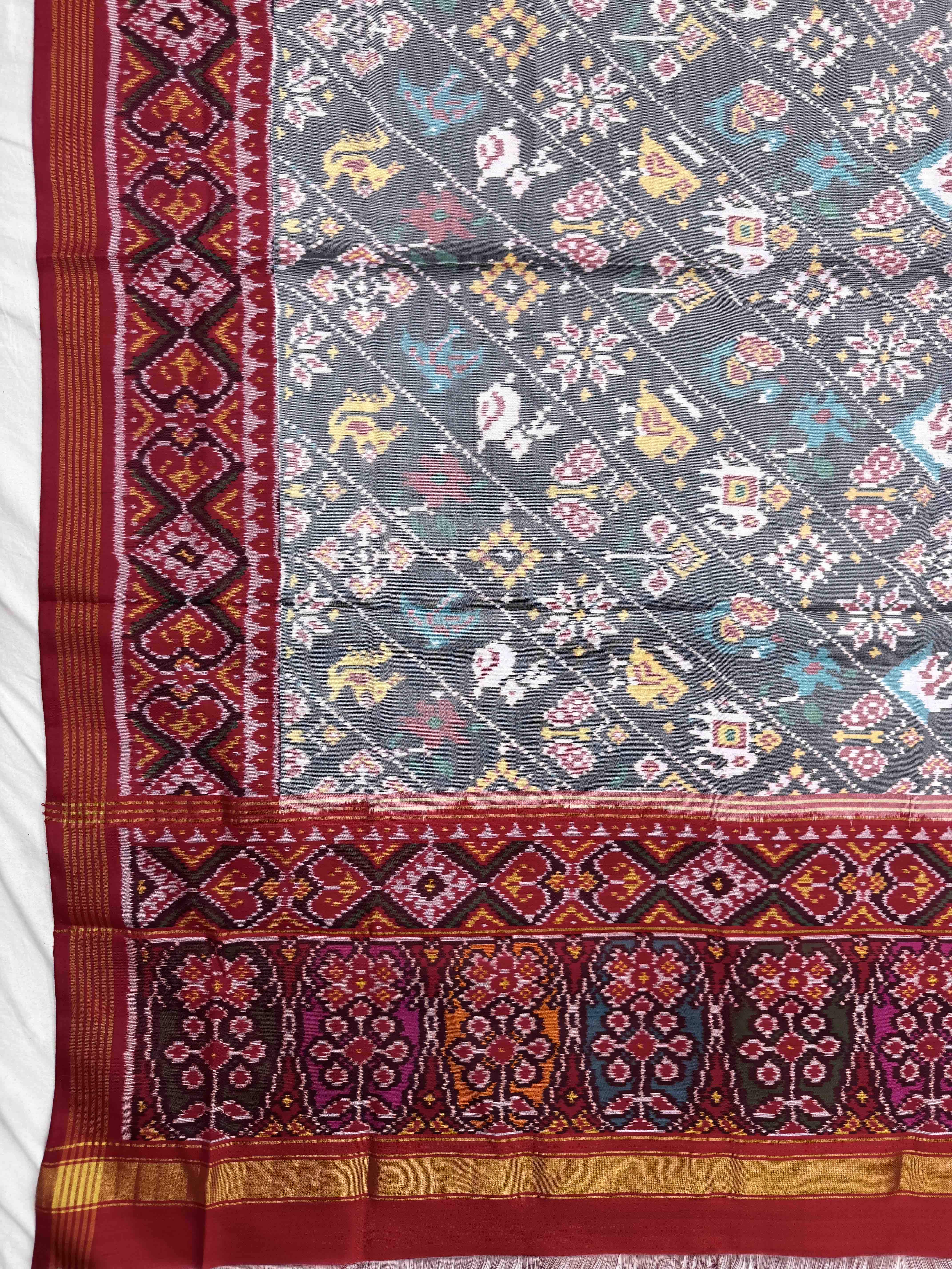Red & Grey Leheriya Narikunj Semi Double Ikat Patola Dupatta