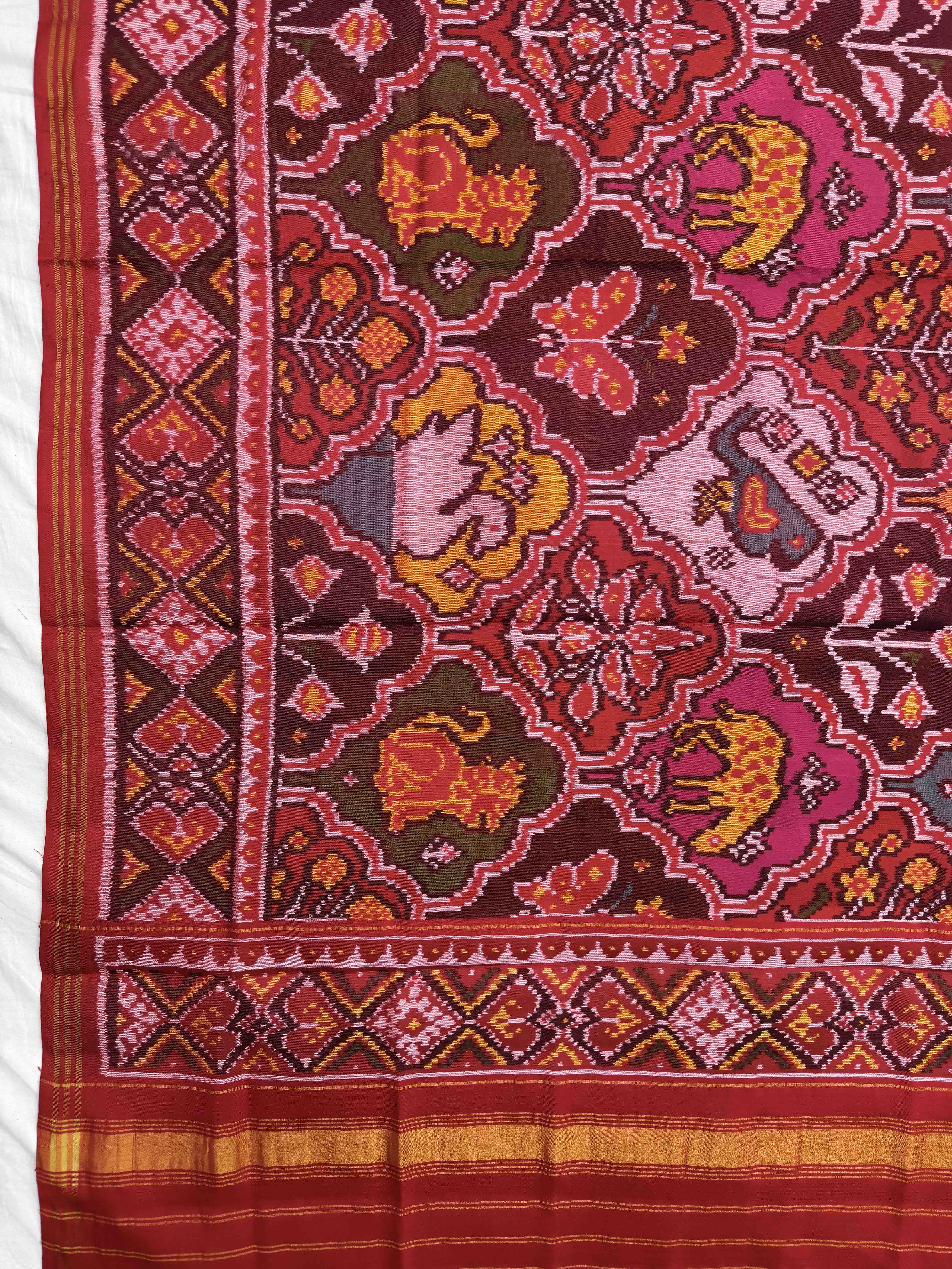 Red & Multicolor Figure Motifs Semi Double Ikat Patola Dupatta