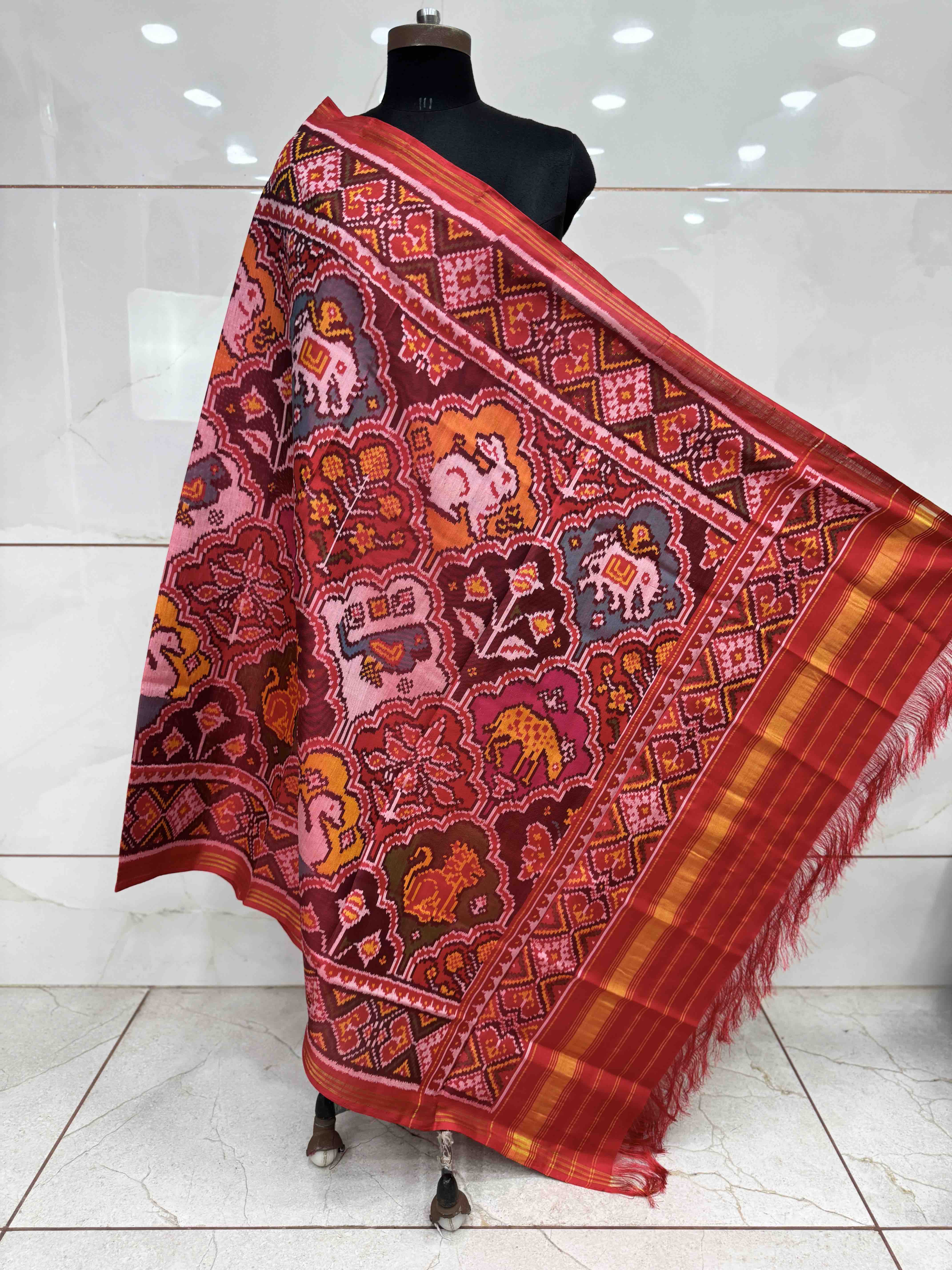 Red & Multicolor Figure Motifs Semi Double Ikat Patola Dupatta
