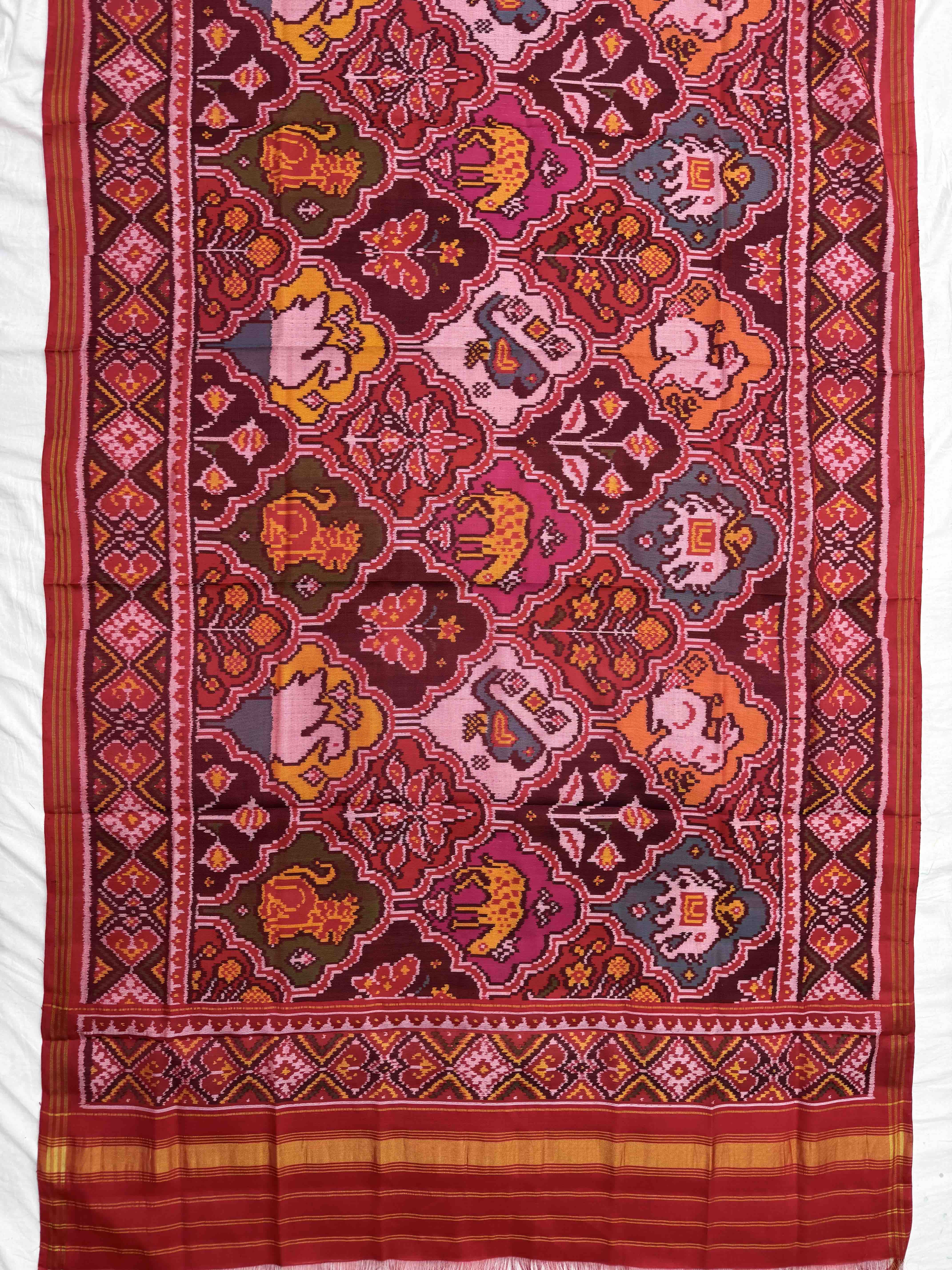 Red & Multicolor Figure Motifs Semi Double Ikat Patola Dupatta