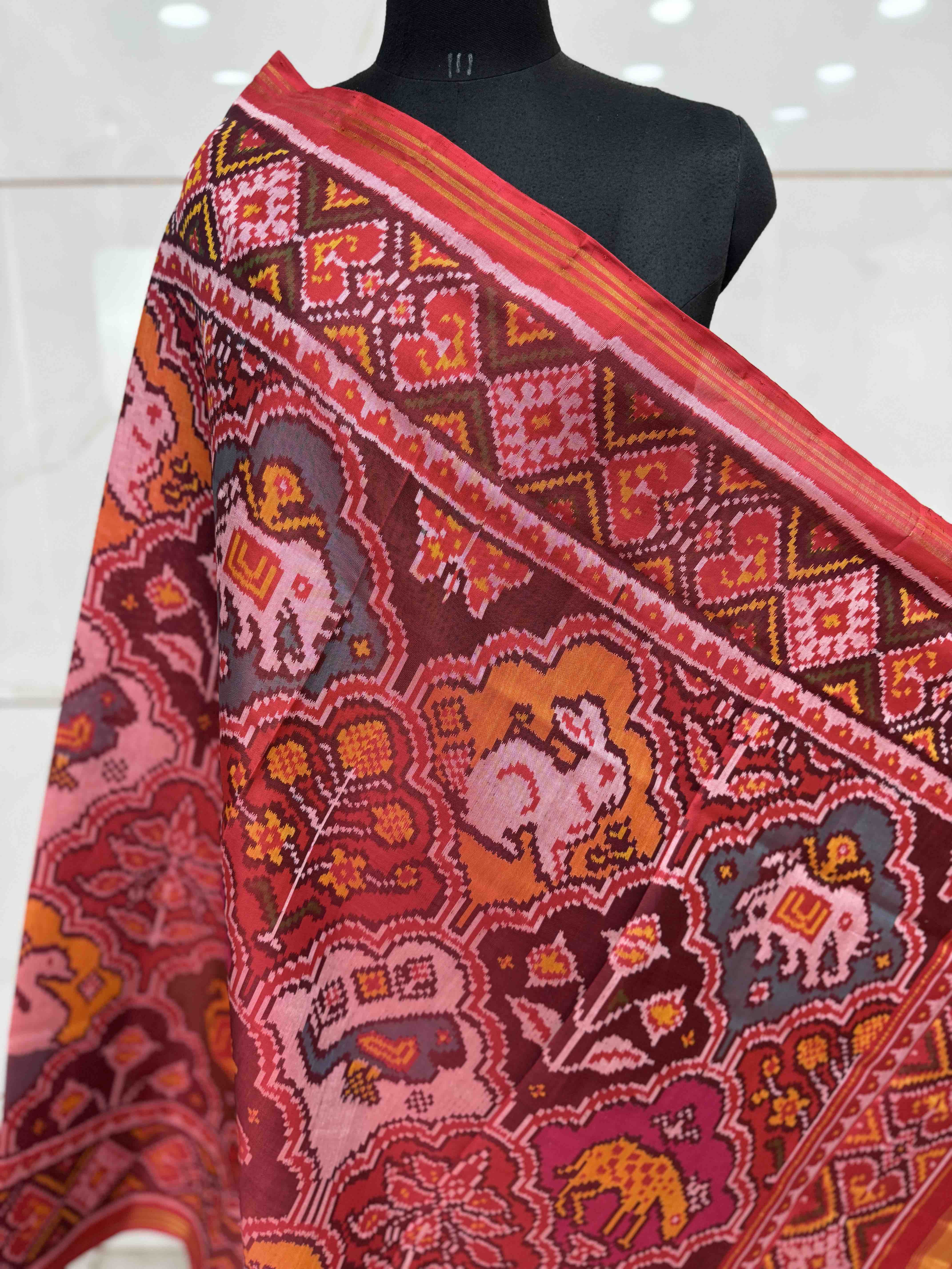 Red & Multicolor Figure Motifs Semi Double Ikat Patola Dupatta