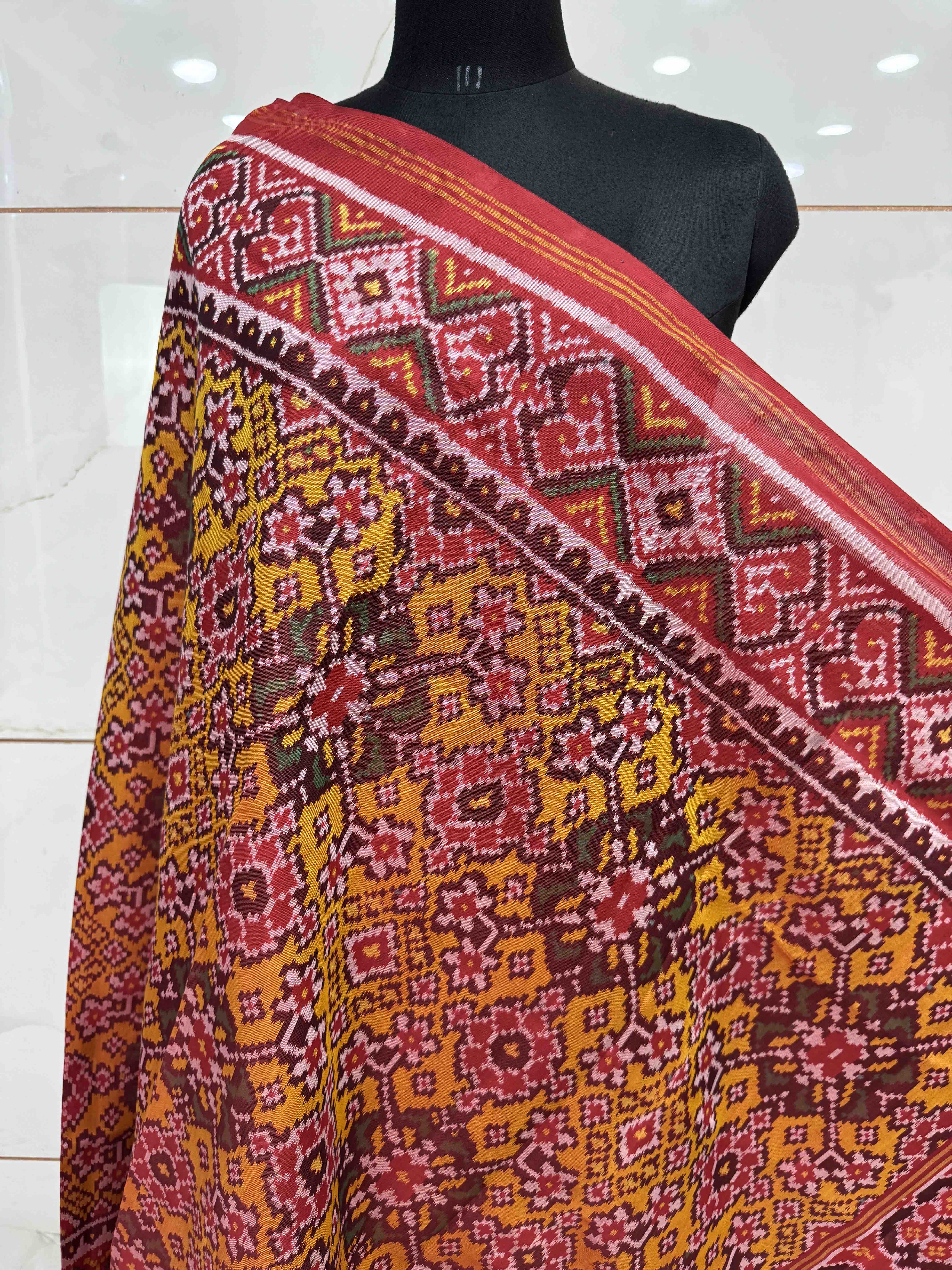 Red & Murtard Yellow Navratan Semi Double Ikat Patola Dupatta