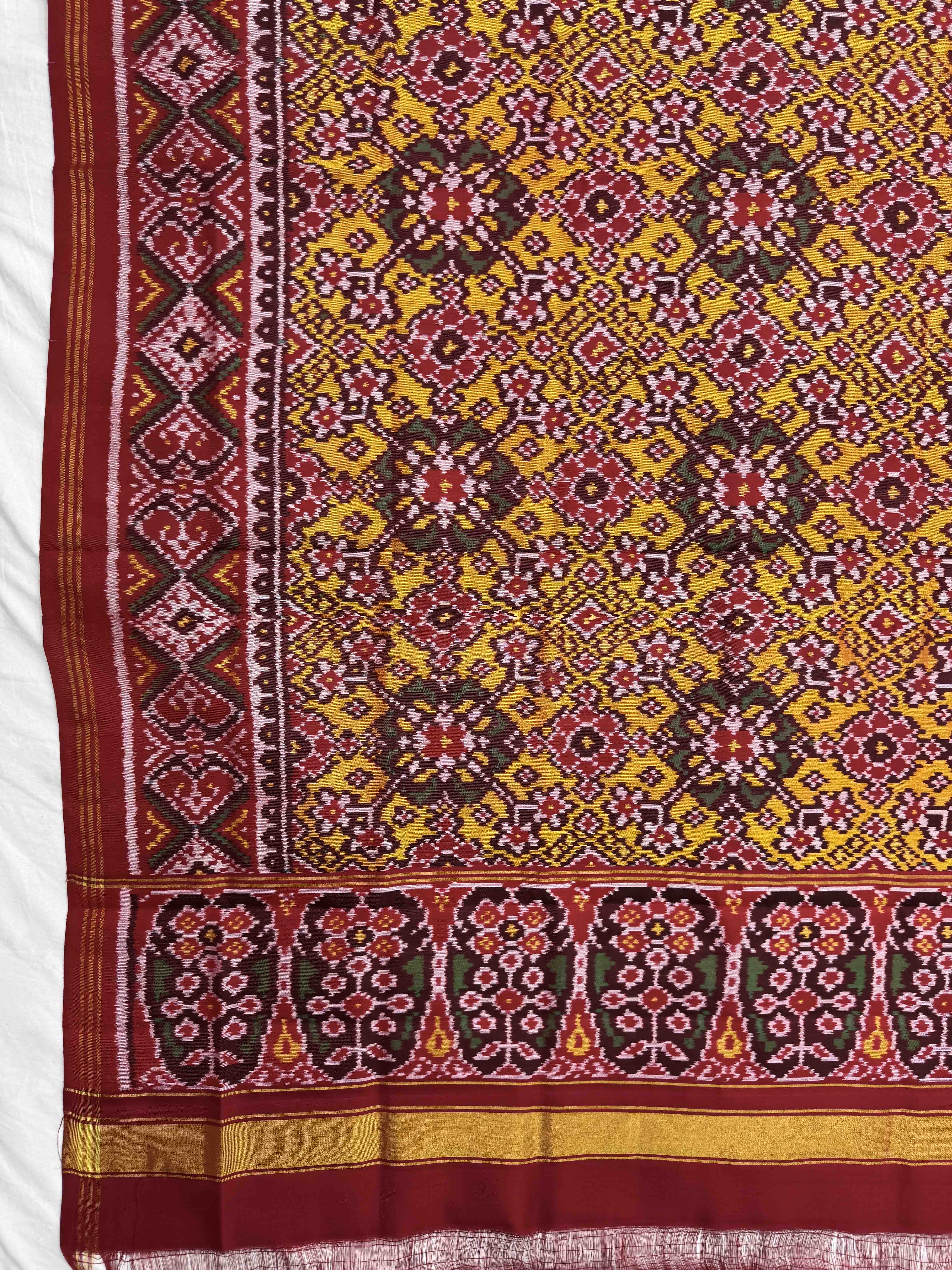 Red & Murtard Yellow Navratan Semi Double Ikat Patola Dupatta