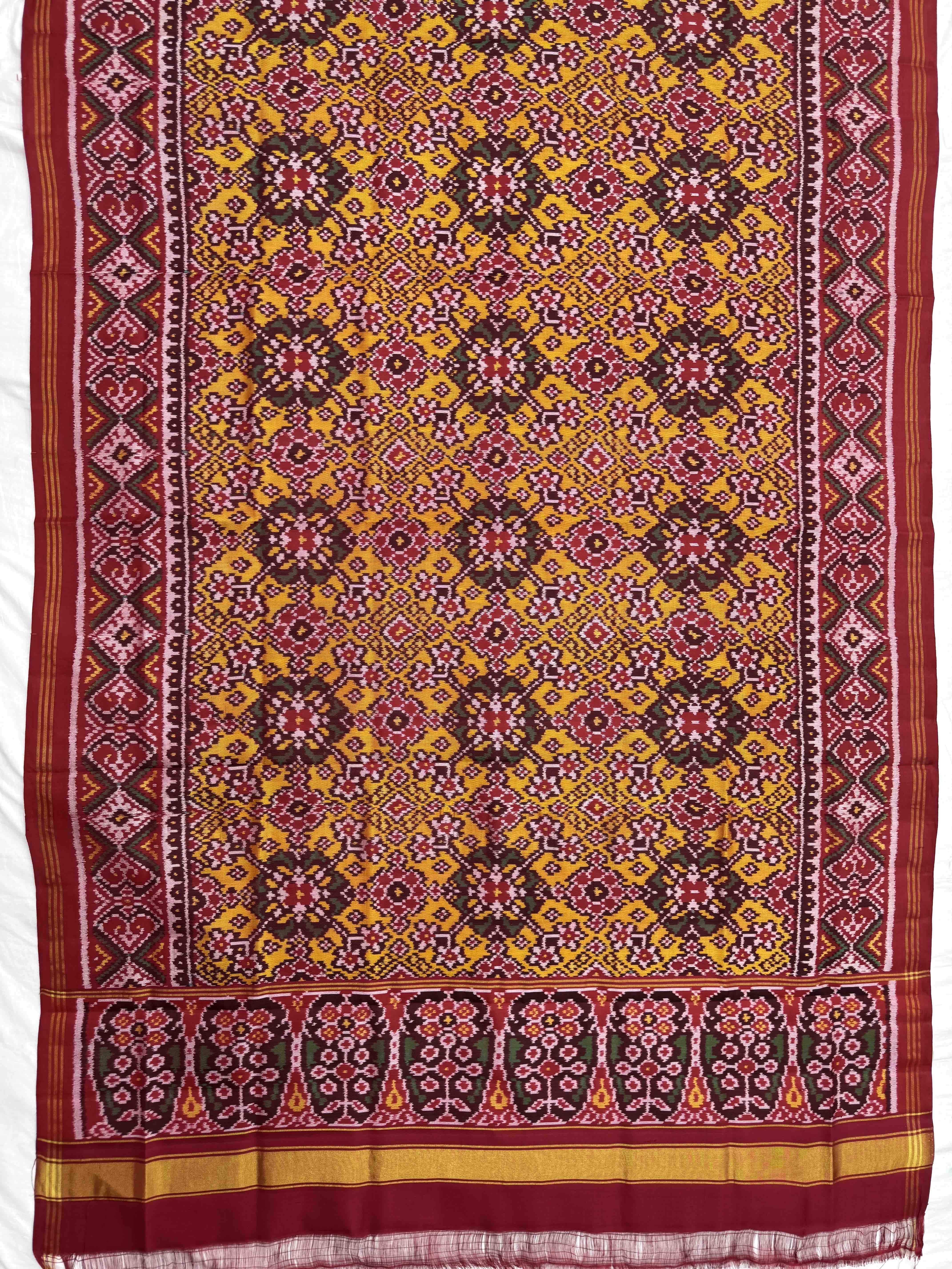 Red & Murtard Yellow Navratan Semi Double Ikat Patola Dupatta