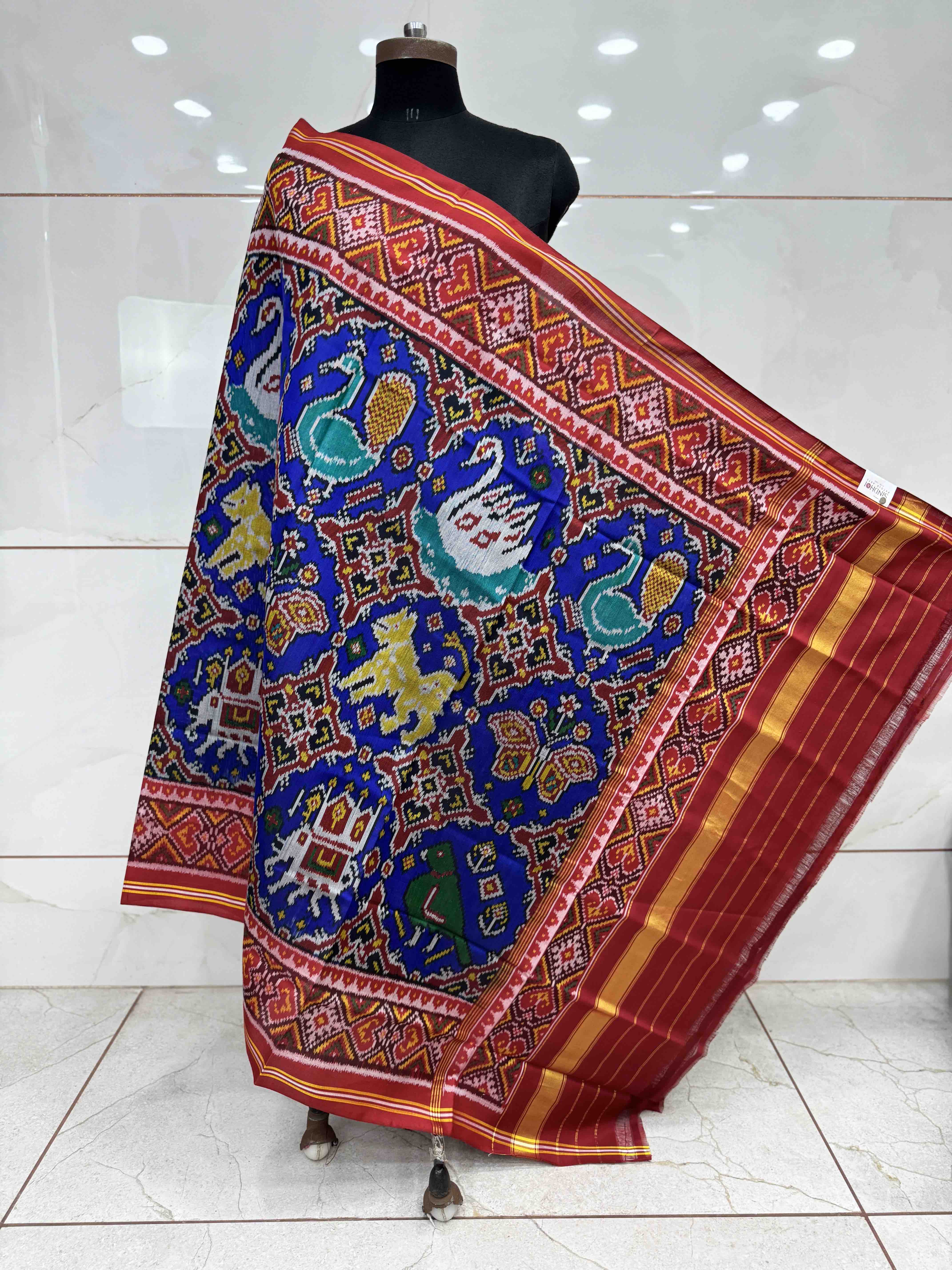 Red & Blue Big Figure Chhabdi Semi Double Ikat Patola Dupatta