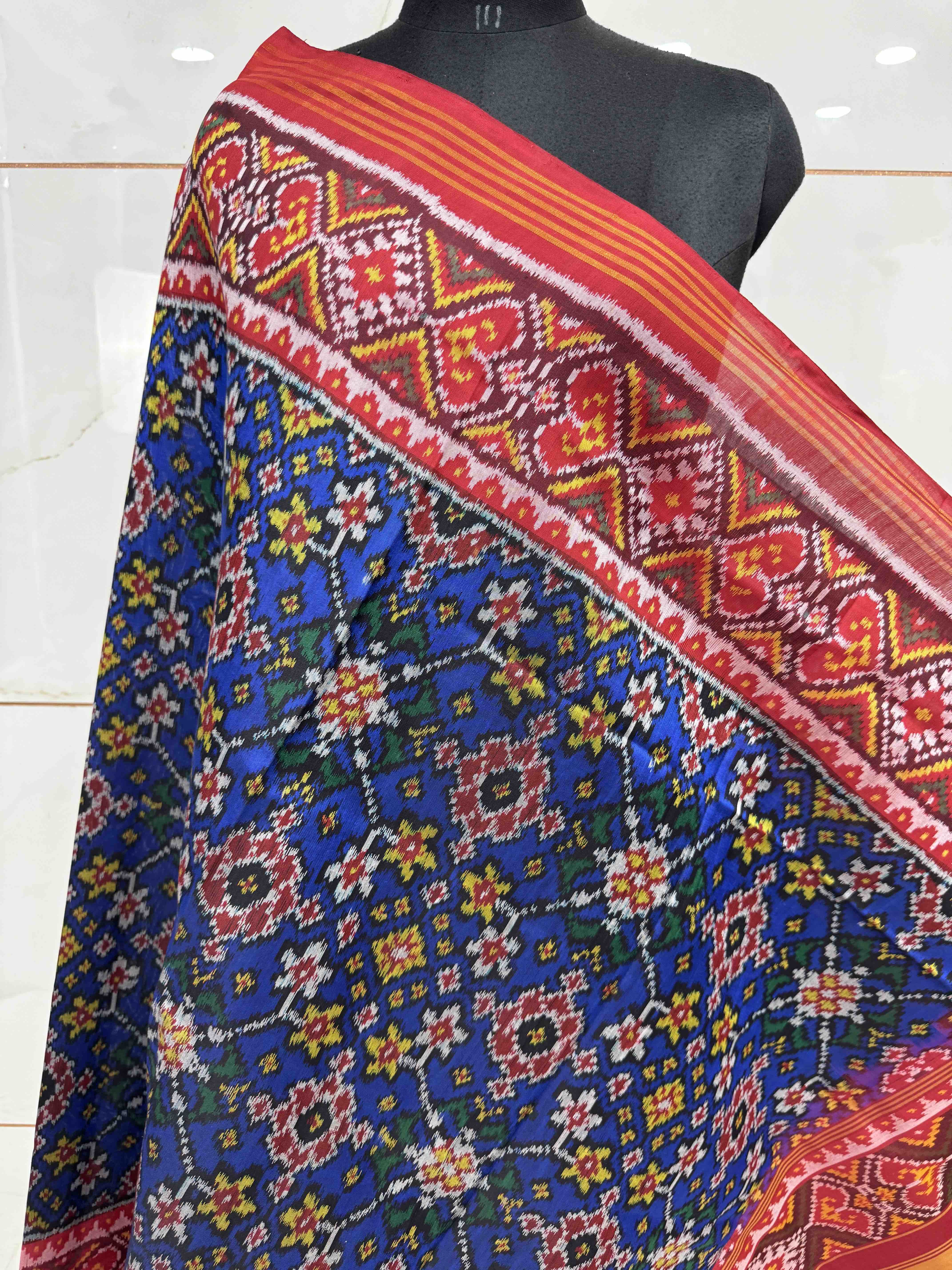 Red & Blue Navratan Semi Double Ikat Patola Dupatta