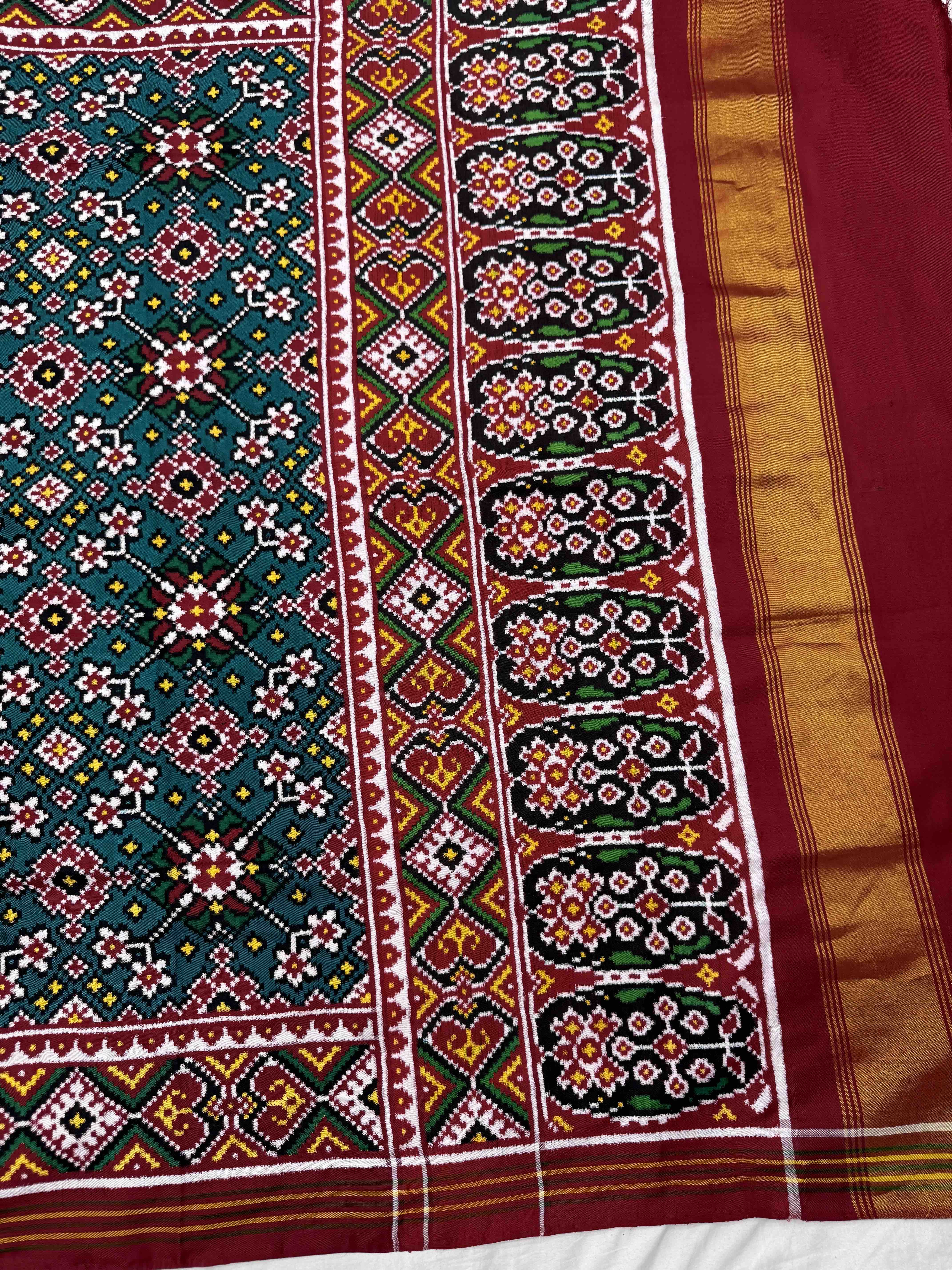 Red & Peacock Green Navratan Double Ikat Patan Patola Saree