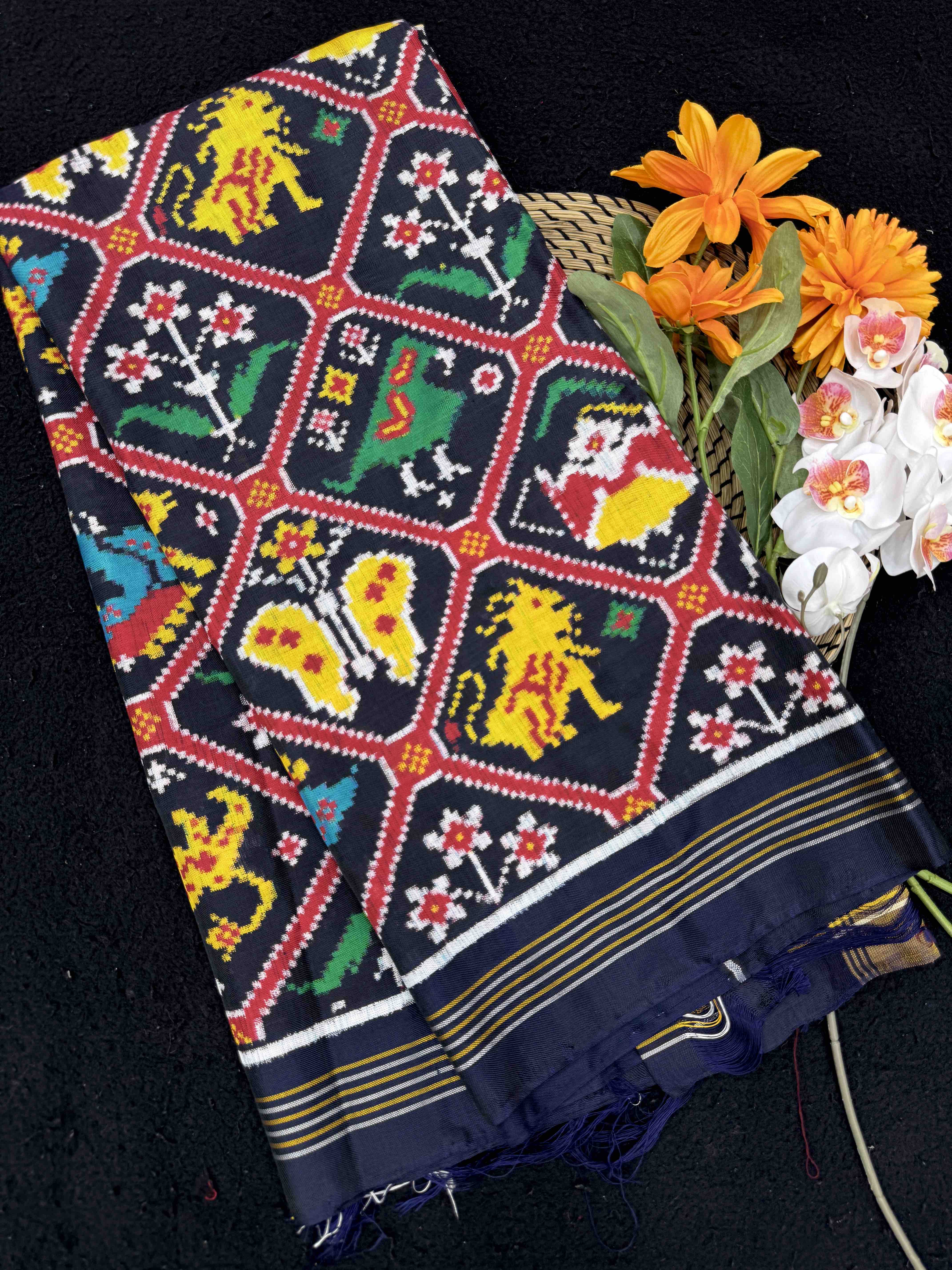 Dark Navy Blue Narikunj Double Ikat Patan Patola Saree