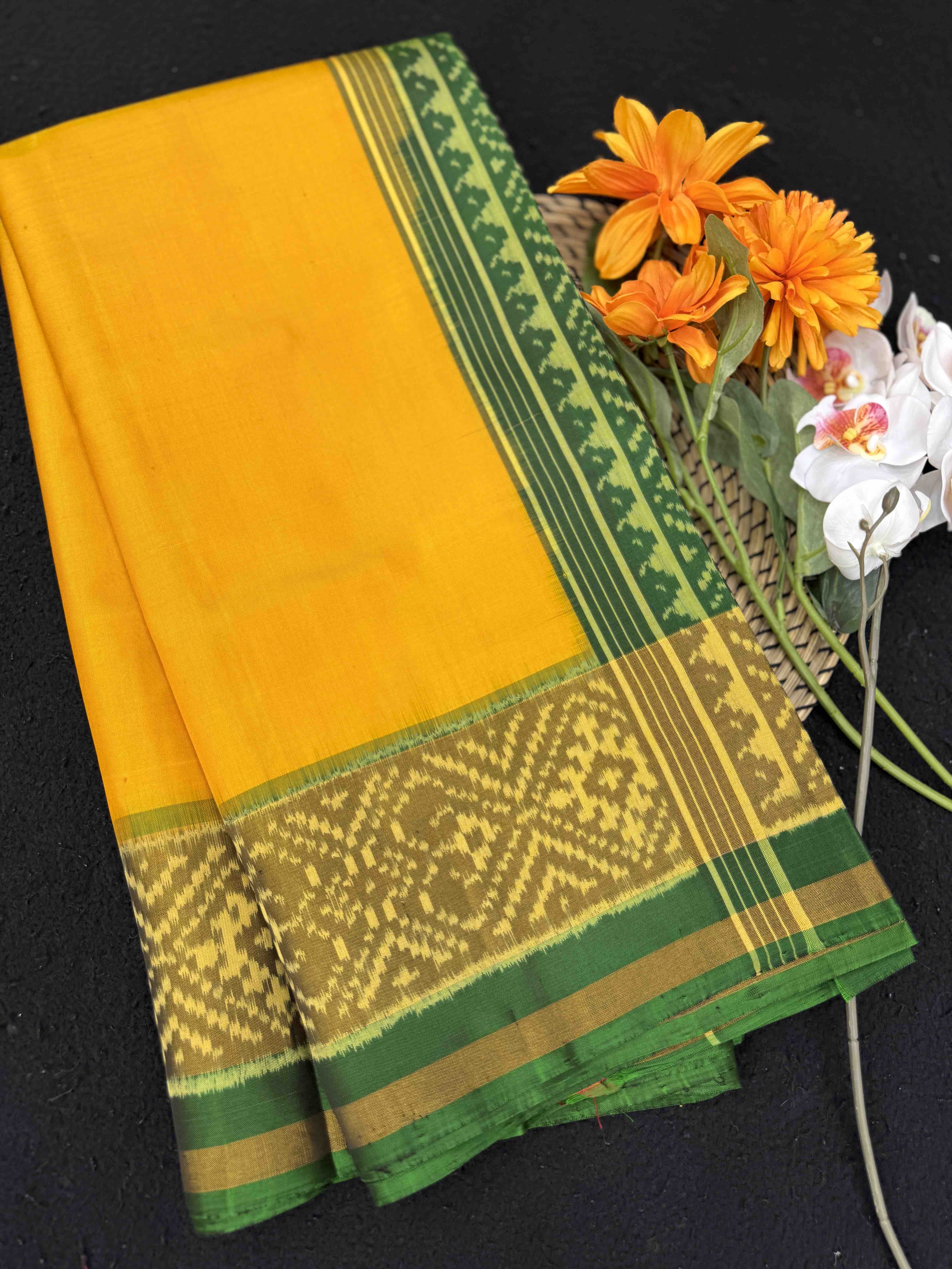 Green & Yellow Plain Patola Saree