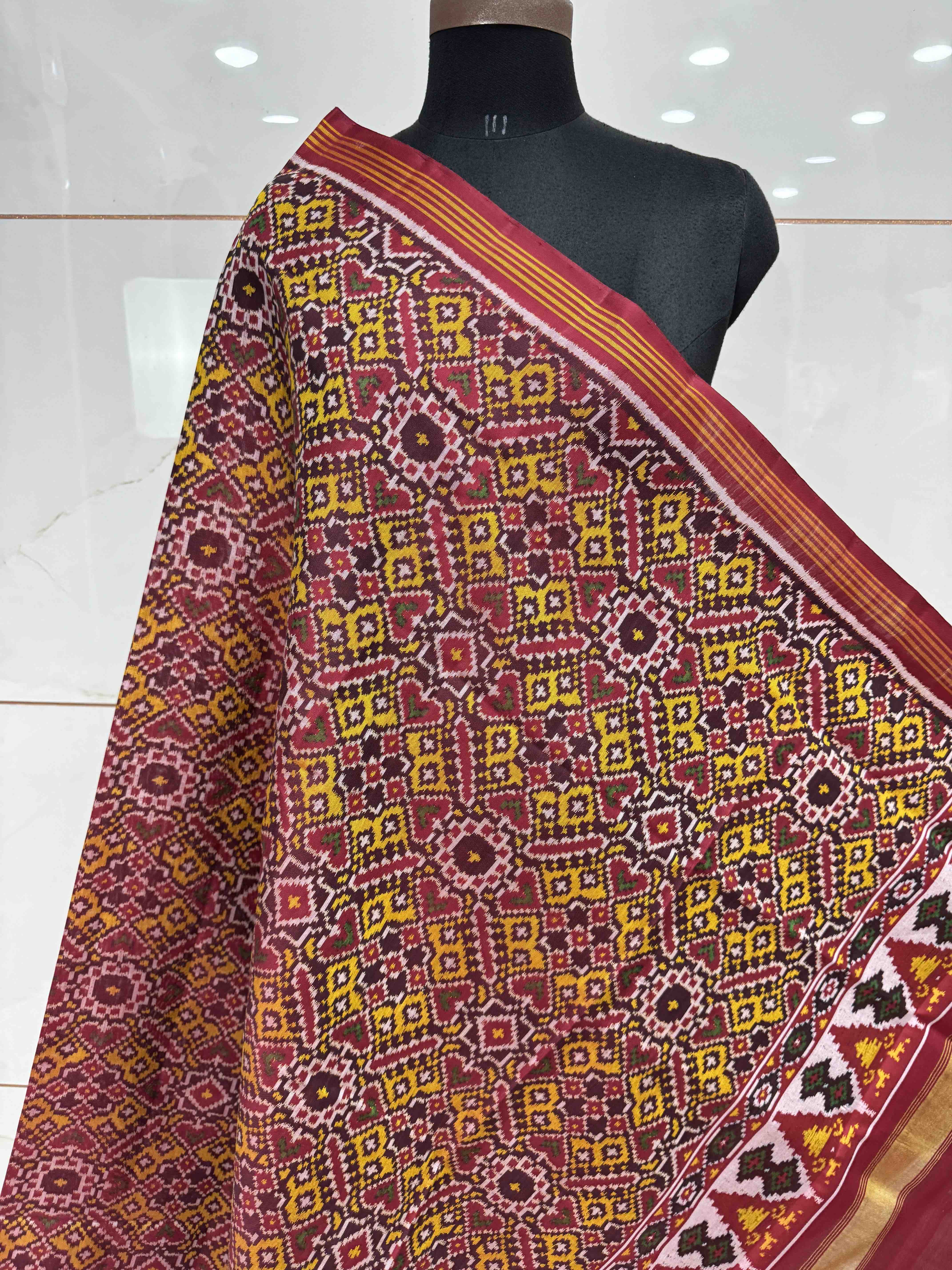 Red & Yellow Manekchowk Semi Double Ikat Patola Dupatta