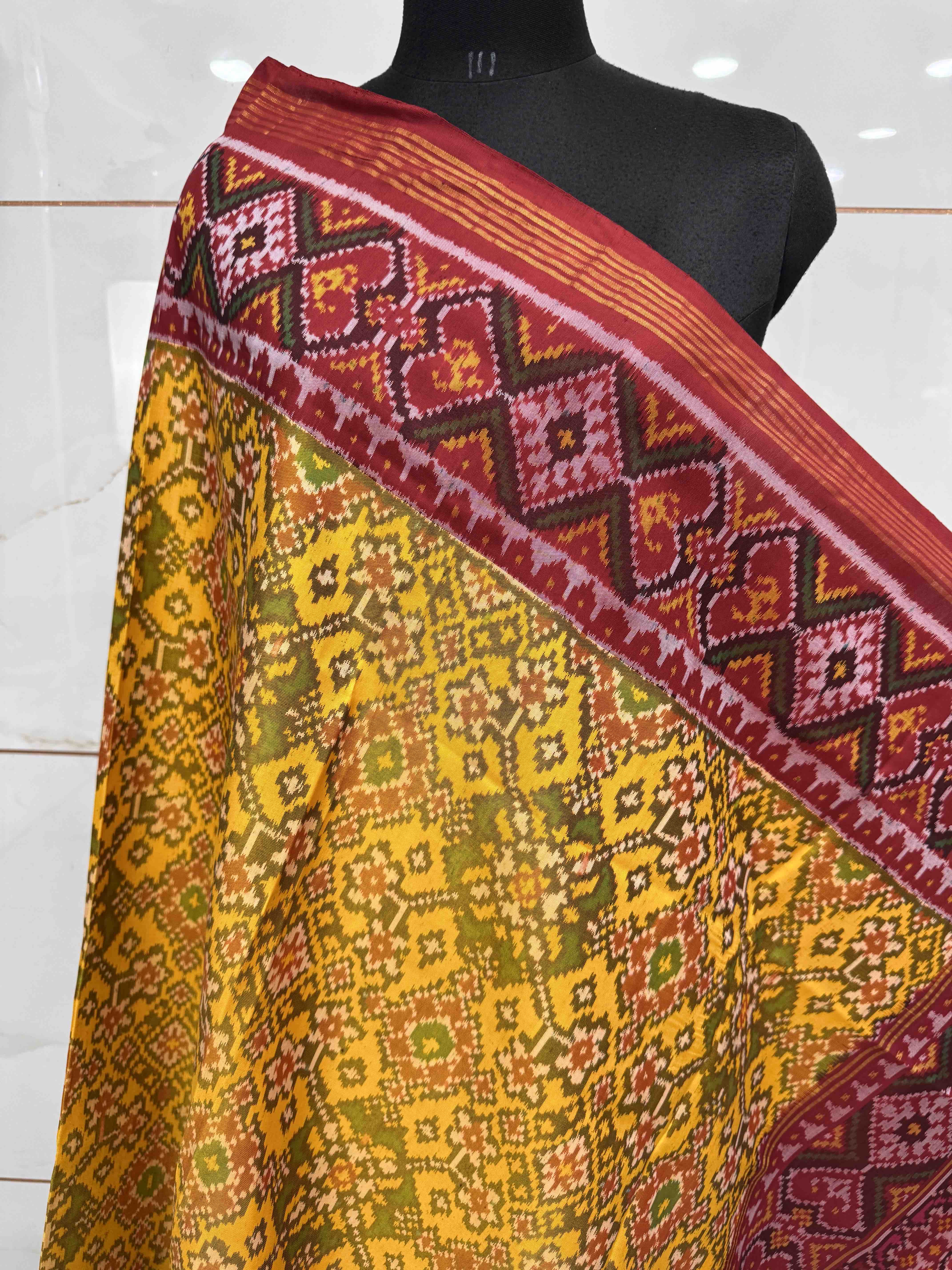Yellow Ganga Jamuna Navratan with Multicolor Pallu Semi Double Ikat Patola Dupatta