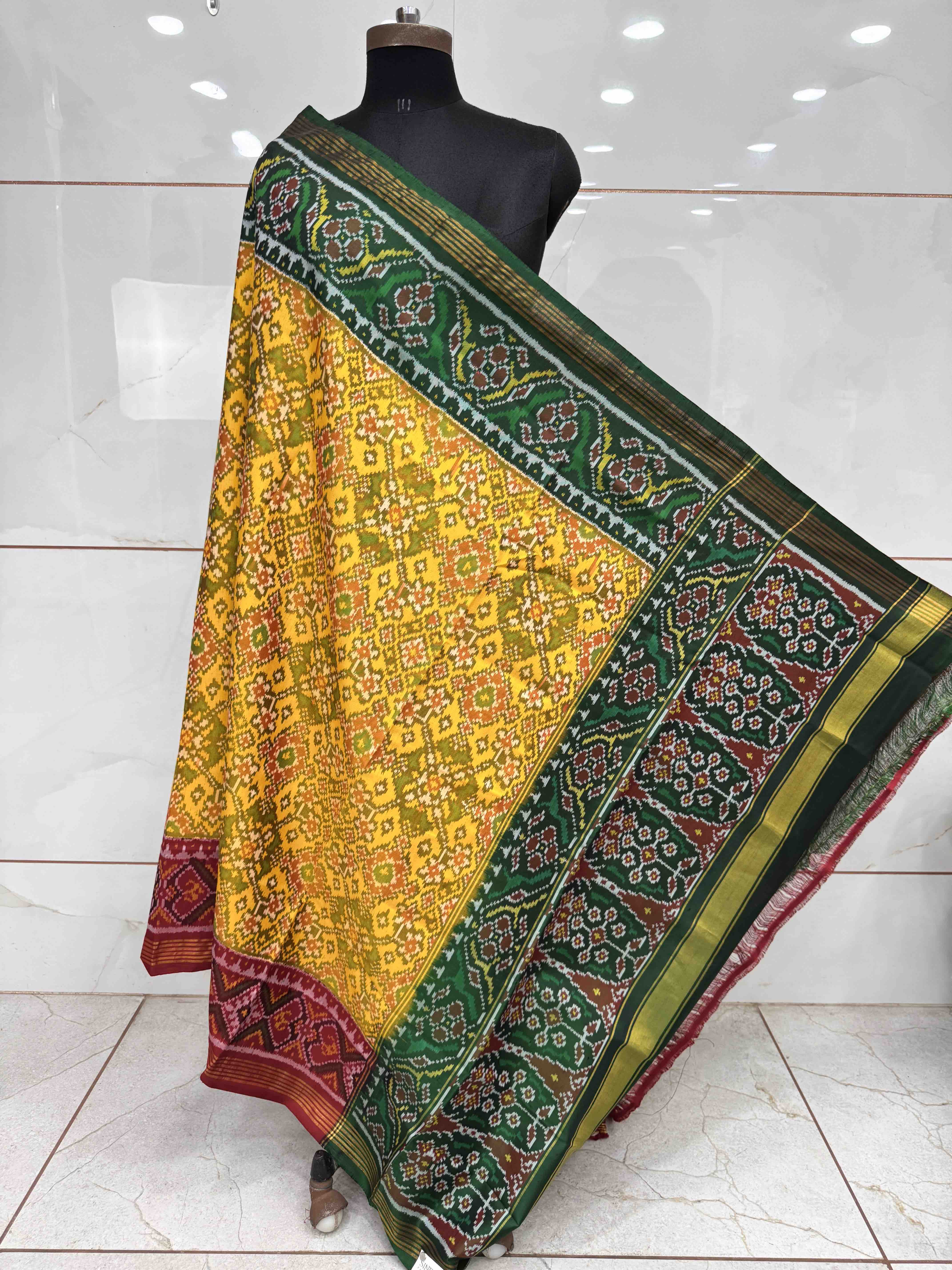 Yellow Ganga Jamuna Navratan with Multicolor Pallu Semi Double Ikat Patola Dupatta