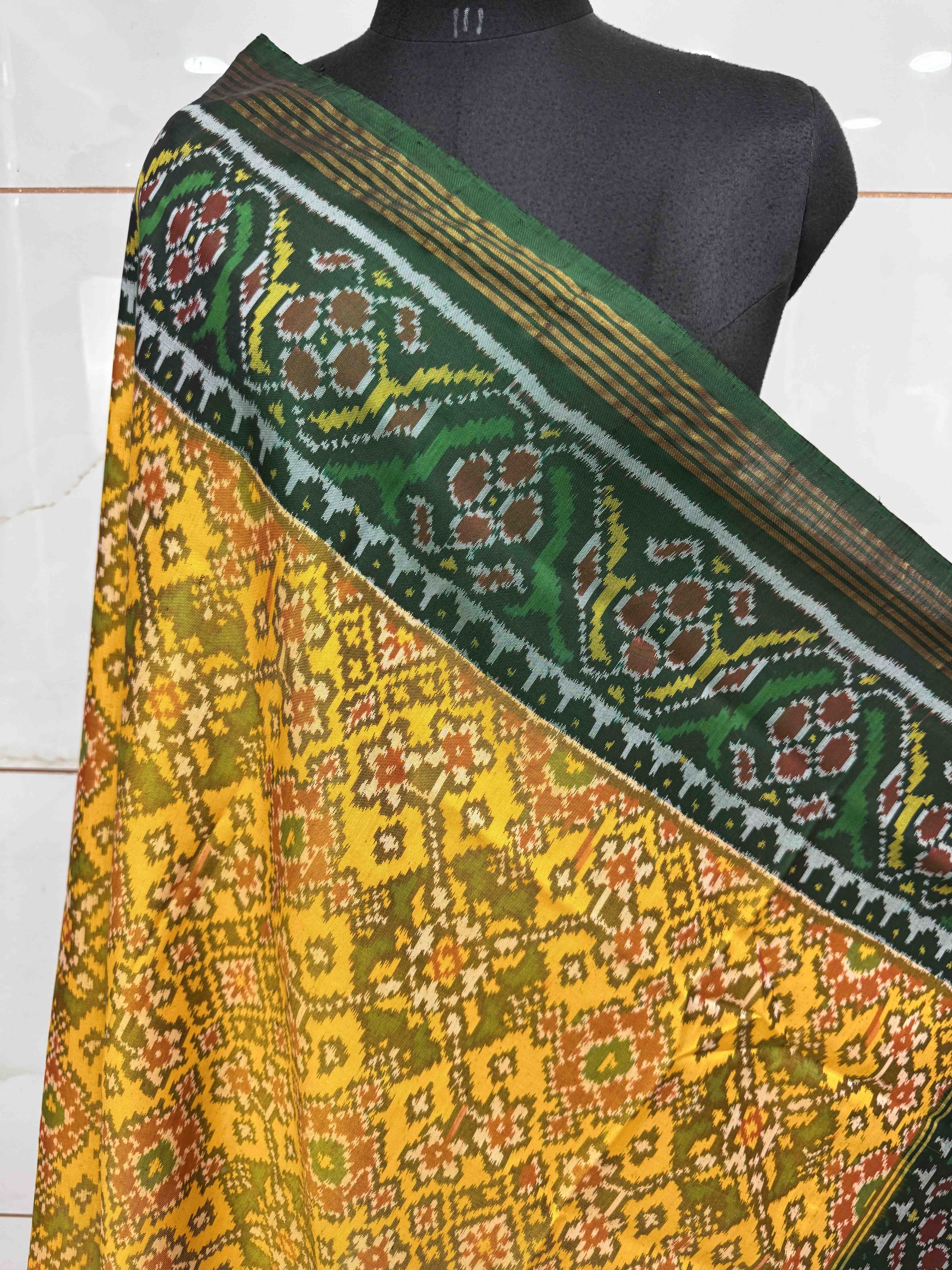 Yellow Ganga Jamuna Navratan with Multicolor Pallu Semi Double Ikat Patola Dupatta