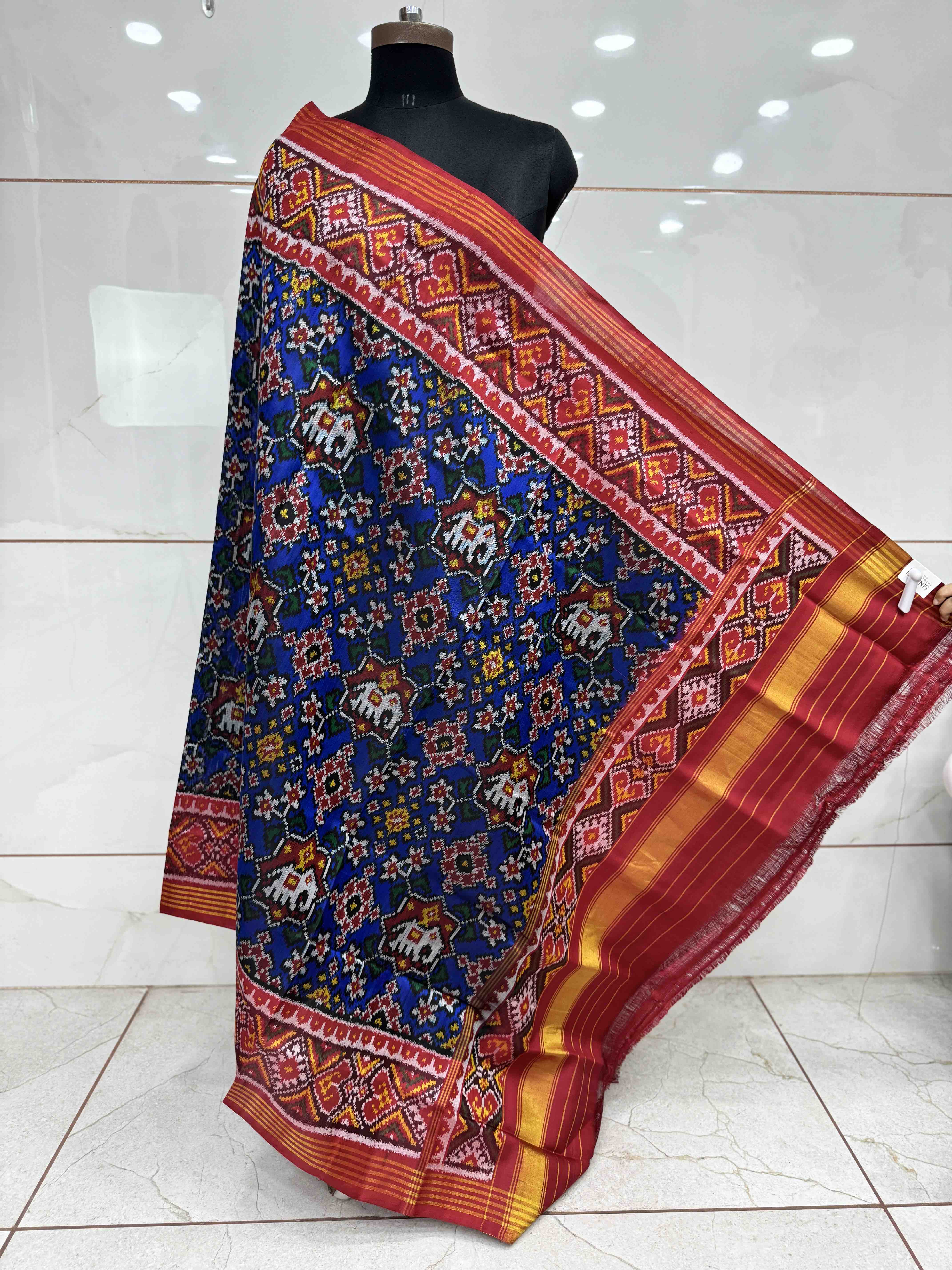 Red & Blue Navratan with Elephant Figure Semi Double Ikat Patola Dupatta