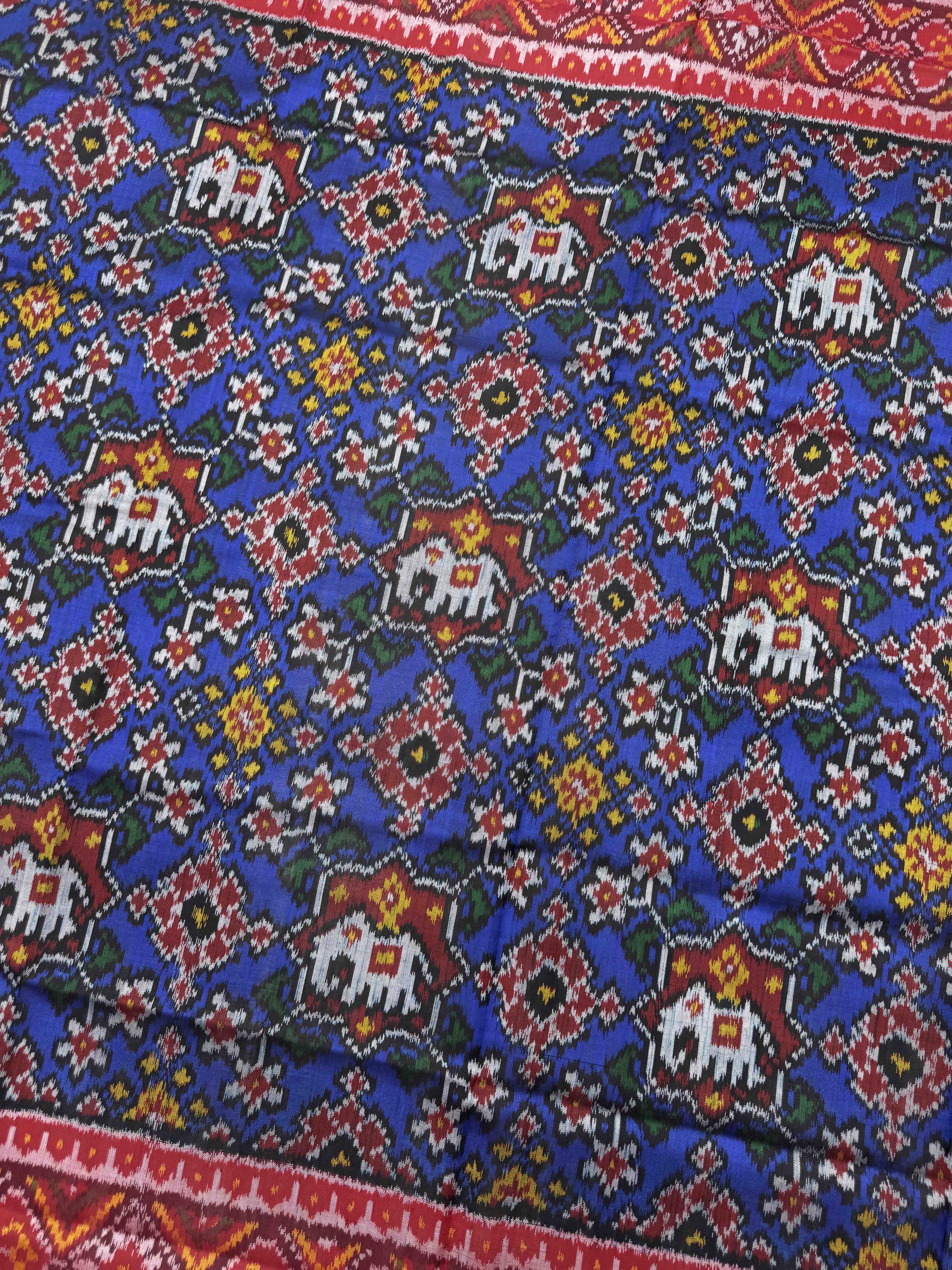 Red & Blue Navratan with Elephant Figure Semi Double Ikat Patola Dupatta