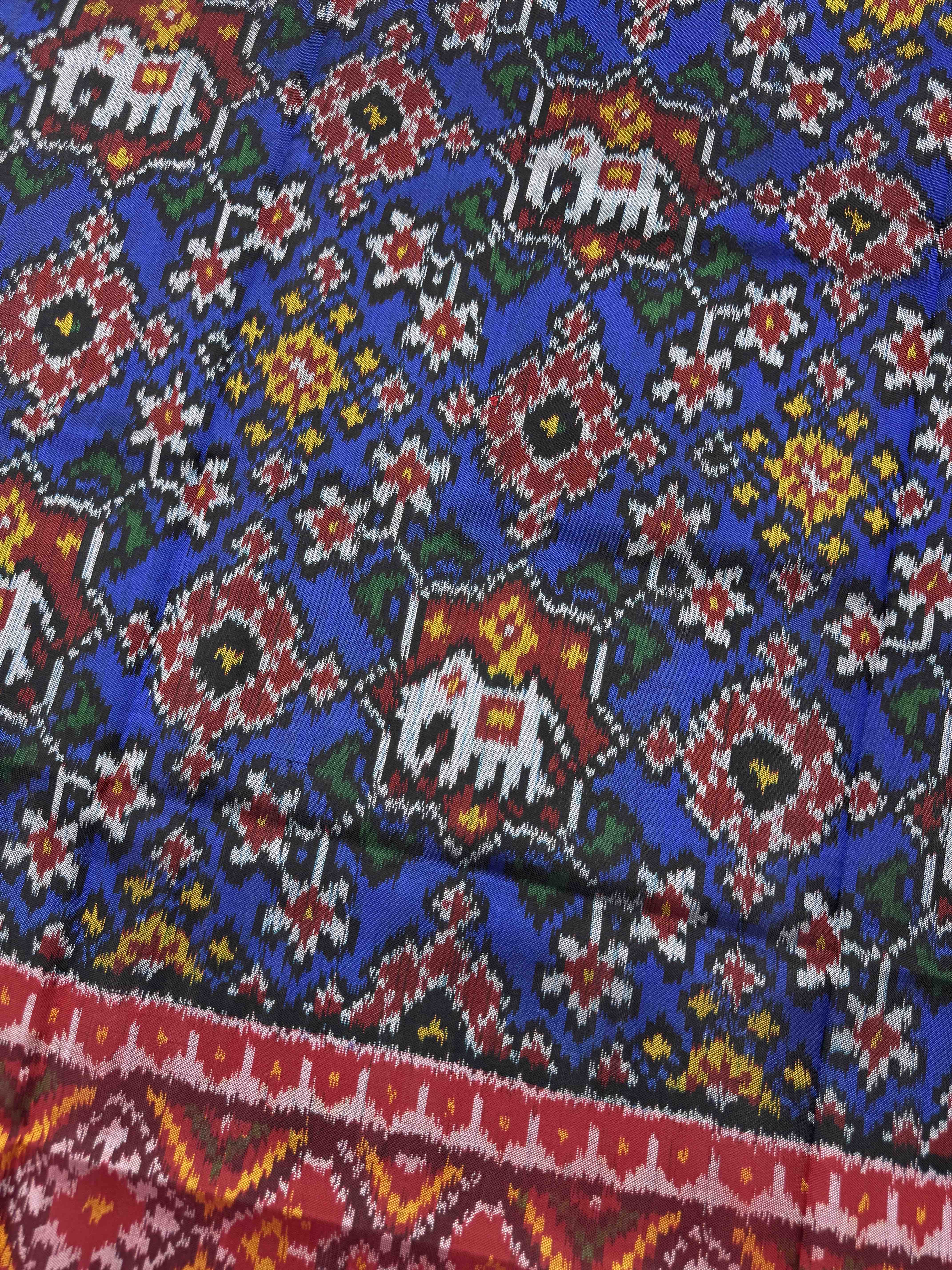 Red & Blue Navratan with Elephant Figure Semi Double Ikat Patola Dupatta
