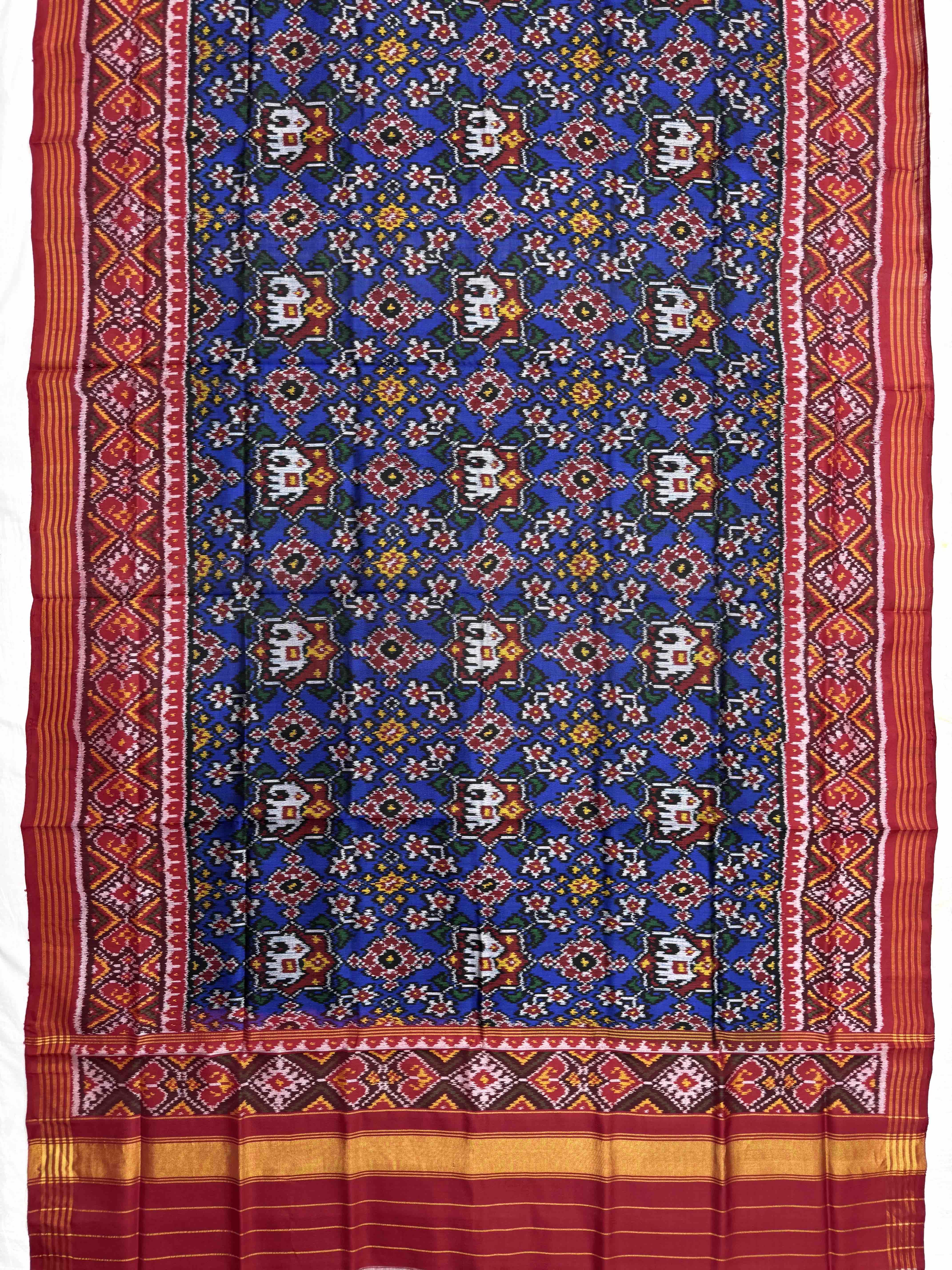 Red & Blue Navratan with Elephant Figure Semi Double Ikat Patola Dupatta